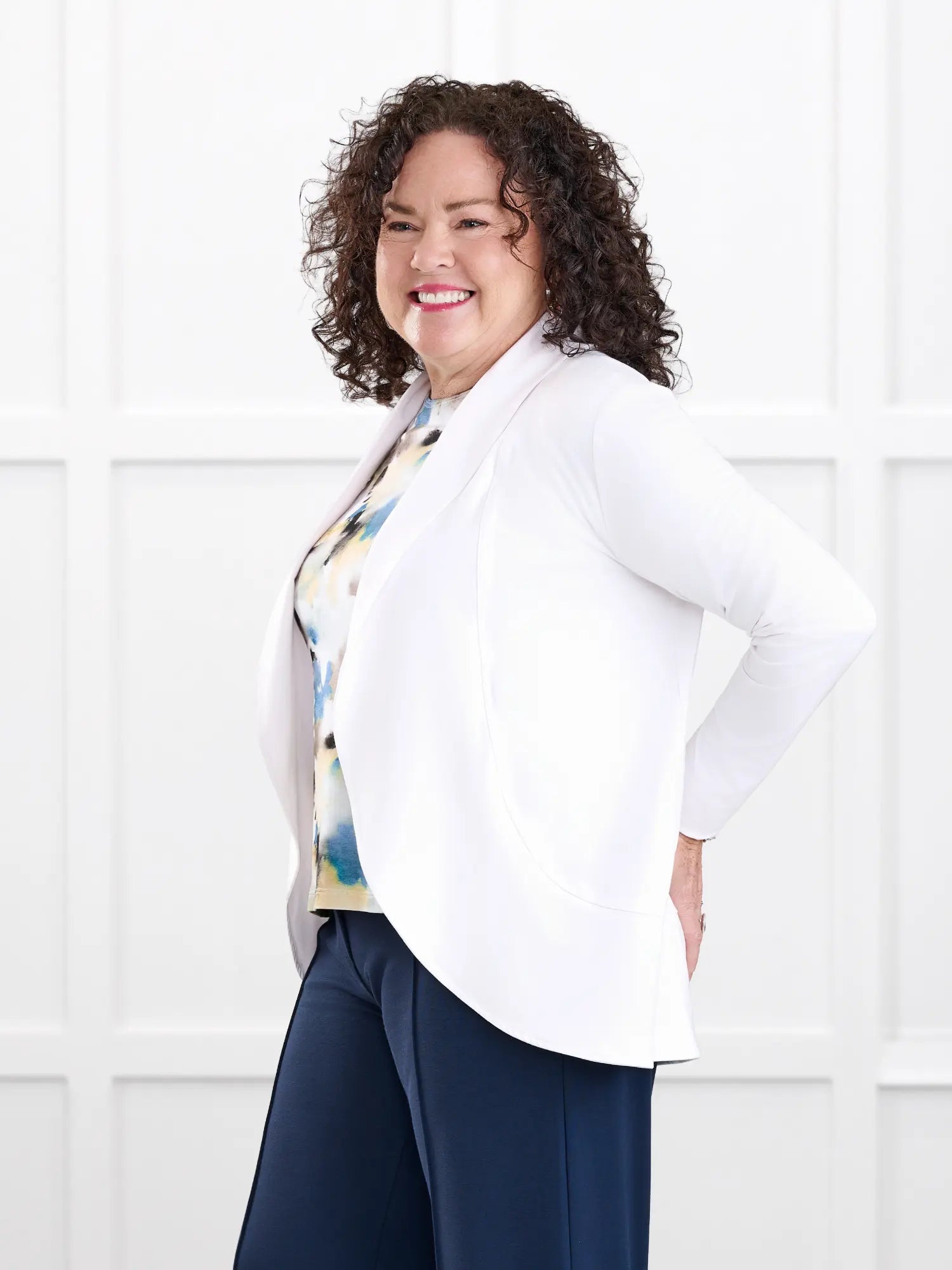 Anne soft stretchy blazer for women in White on model Kerri, size M @Kerri-M 