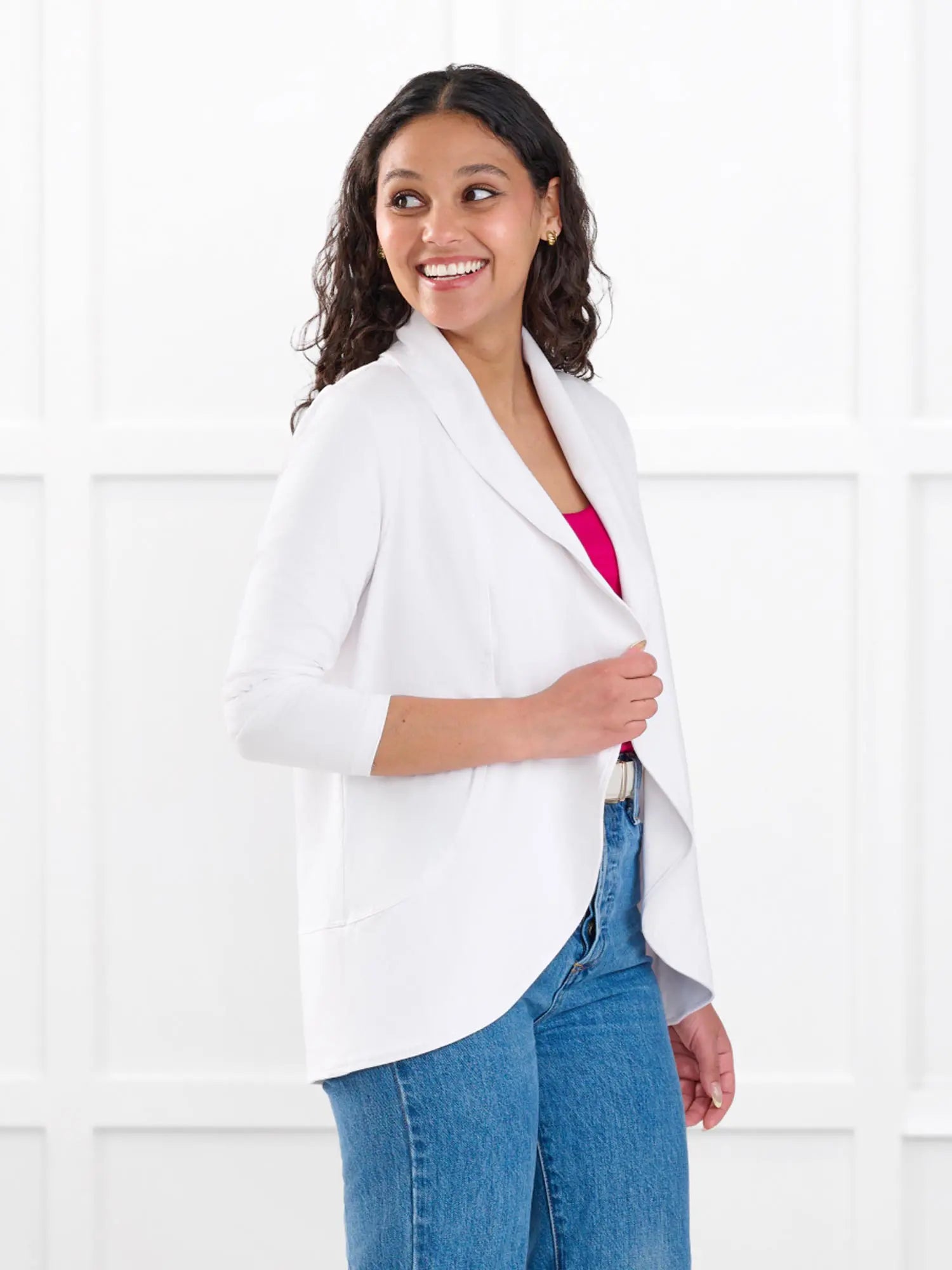 Anne soft stretchy blazer for women in White on model Meron, size XS @Meron-XS 