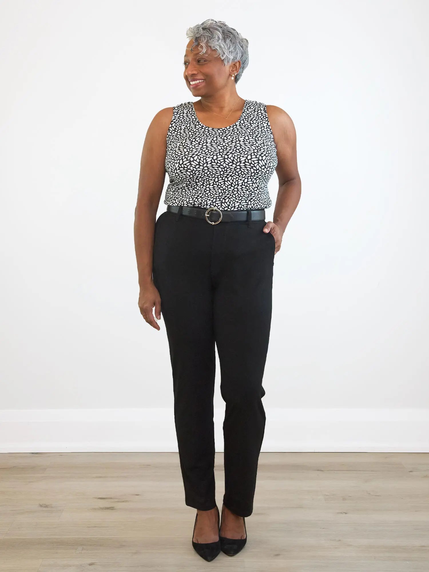 Asia mid rise slim pant for women in Black on model Keethai, size M Regular @Keethai-M-regular 