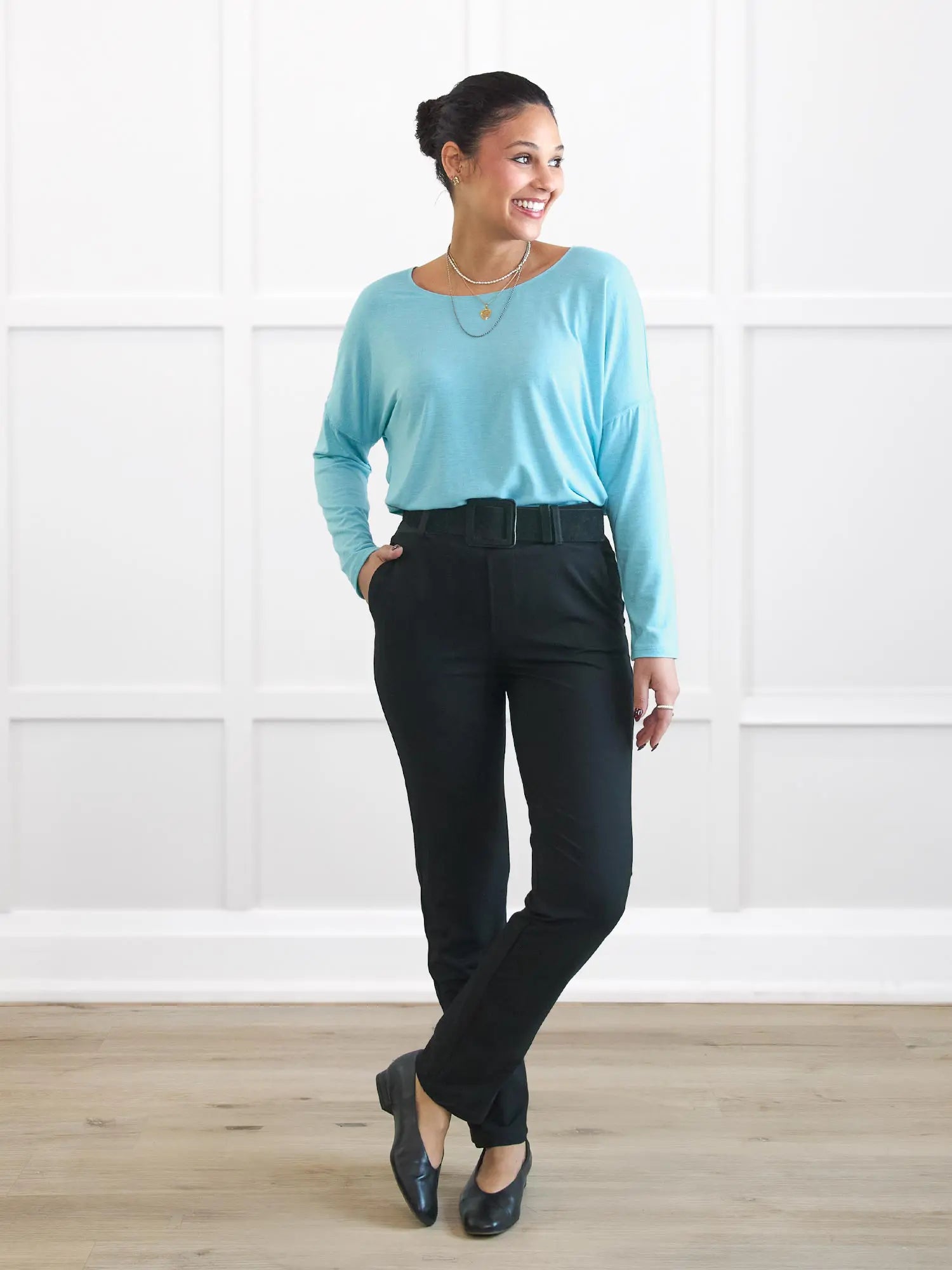 Asia mid rise slim pant for women in Black on model Meron, size XS Regular @Meron-XS-regular 