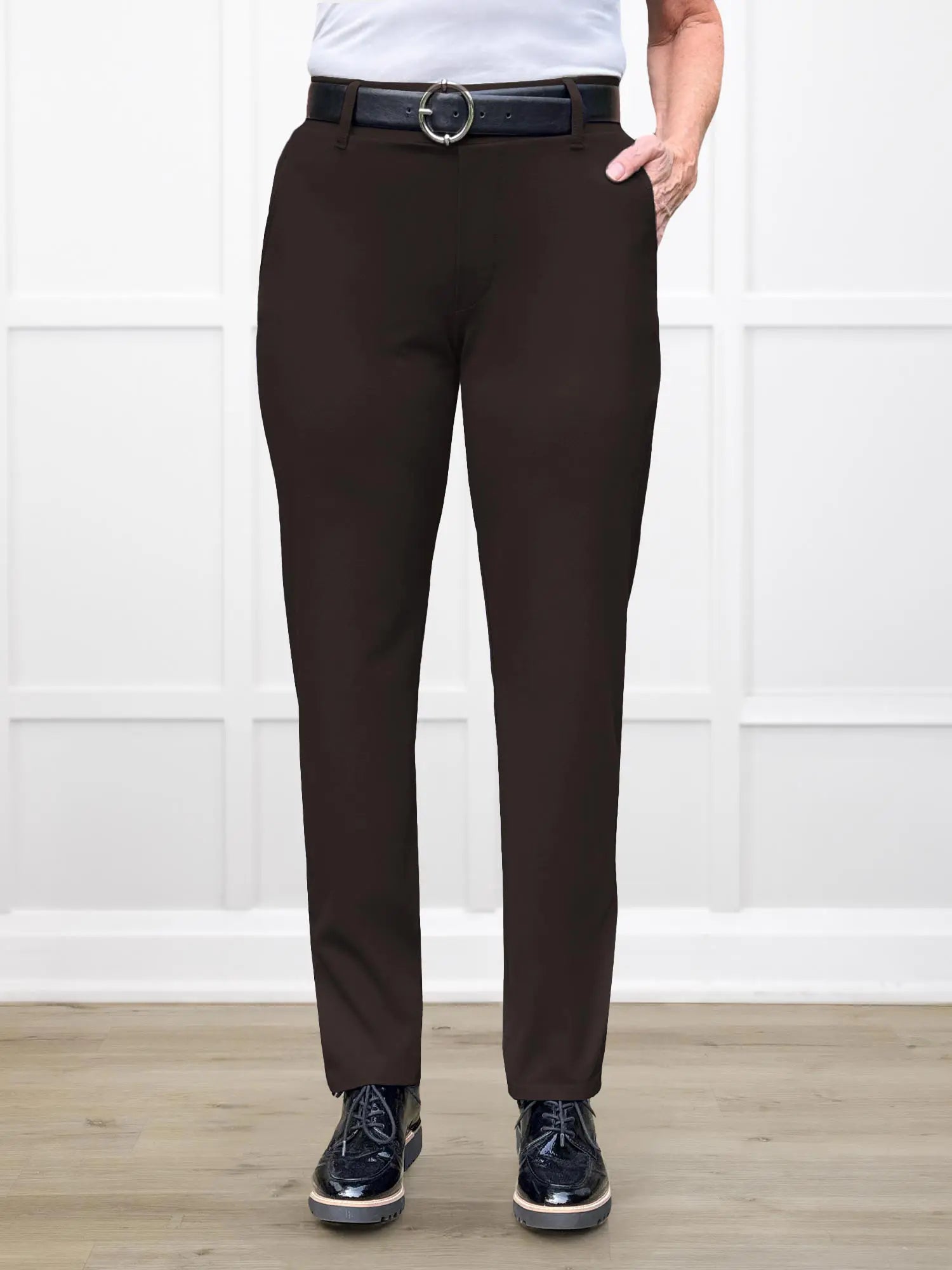 Asia mid rise slim pant for women in Dark chocolate 