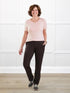 Asia mid rise slim pant for women in Dark chocolate on model Donna, size S Regular @Donna-S-regular 