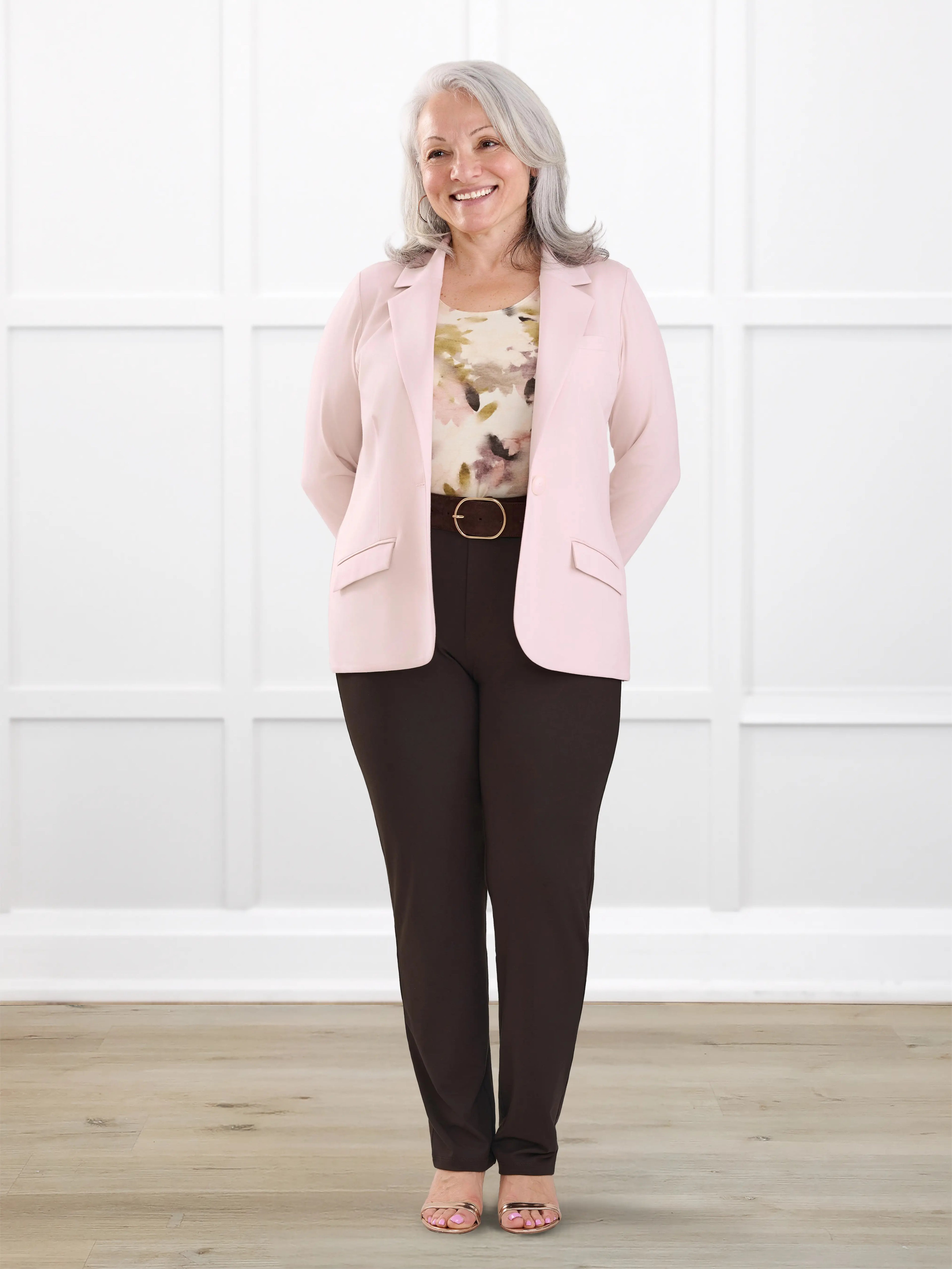 Asia mid rise slim pant for women in Dark chocolate on model Rula, size L Regular @Rula-L-regular 
