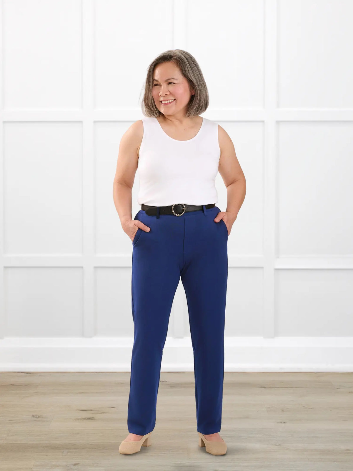 Asia mid rise slim pant for women in Marine blue on model Terry, size S Petite @Terry-S-petite 