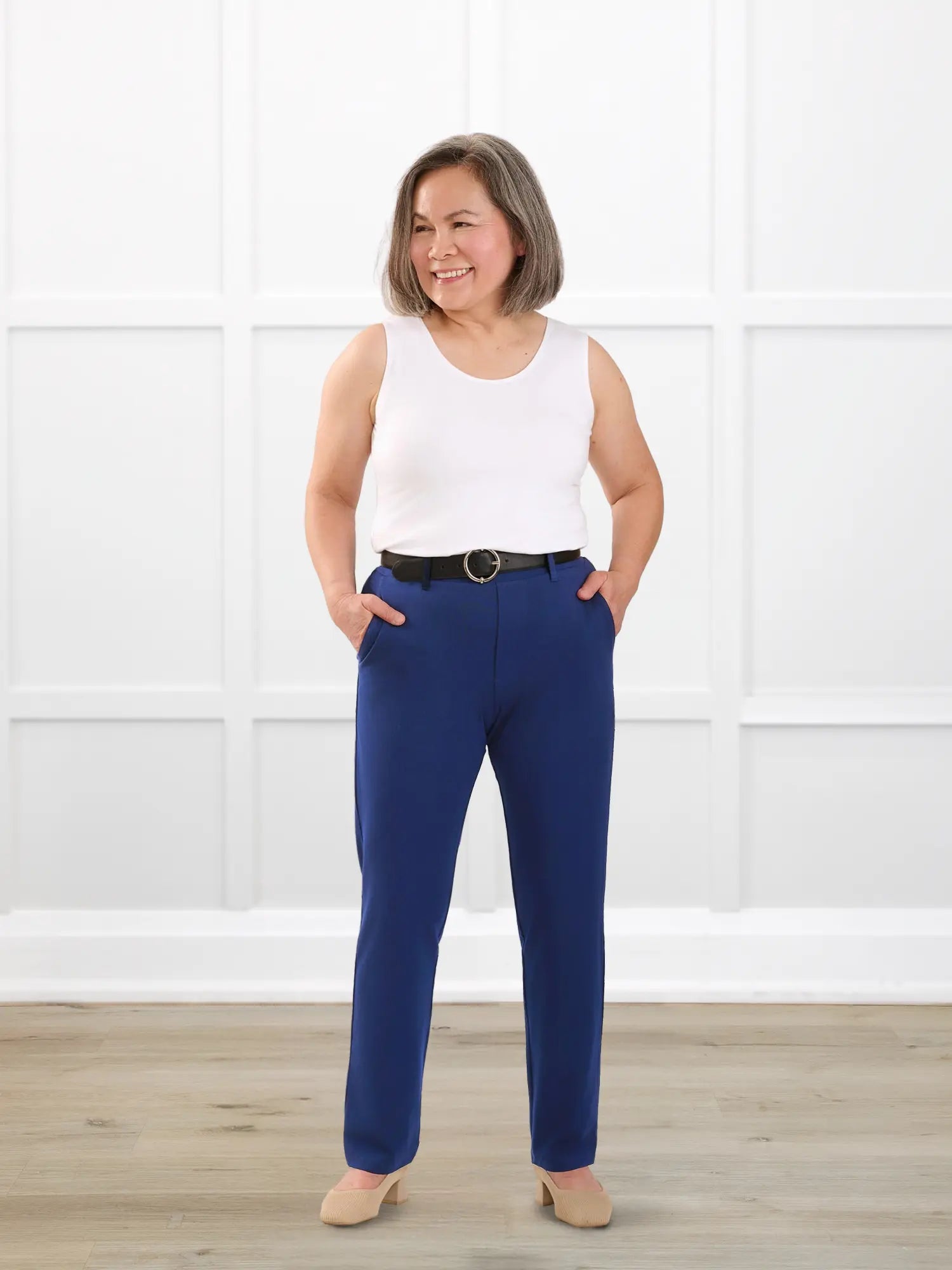 Asia mid rise slim pant for women in Marine blue on model Terry, size S Petite @Terry-S-petite 