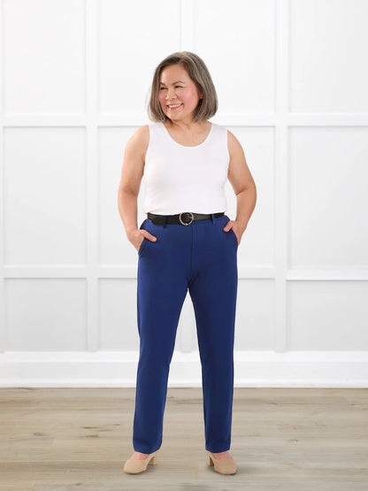 Asia mid rise slim pant for women in Marine blue on model Terry, size S Petite @Terry-S-petite 