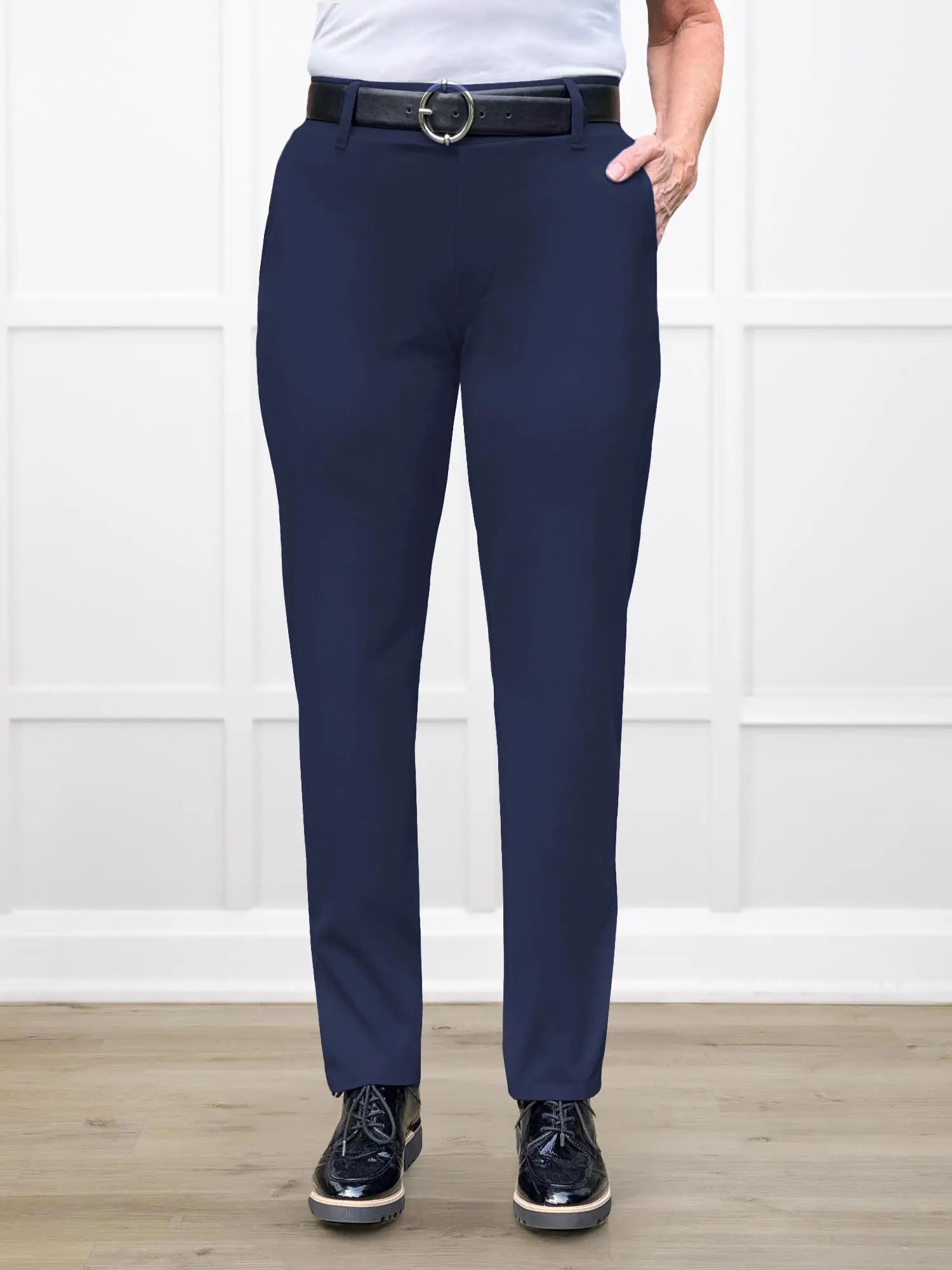 Asia mid rise slim pant for women in Navy 