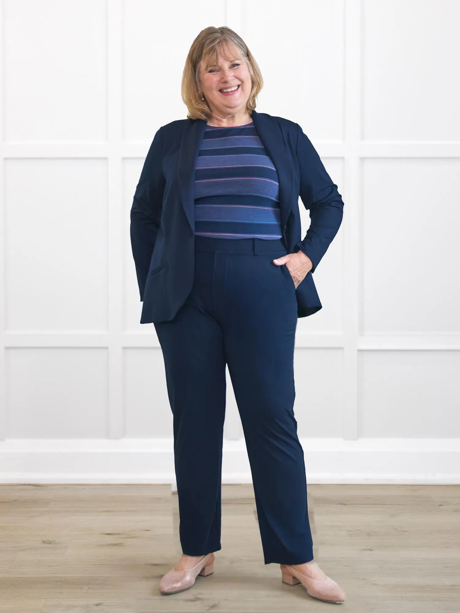 Asia mid rise slim pant for women in Navy on model Laurie, size XXL Petite @Laurie-XXL-petite 