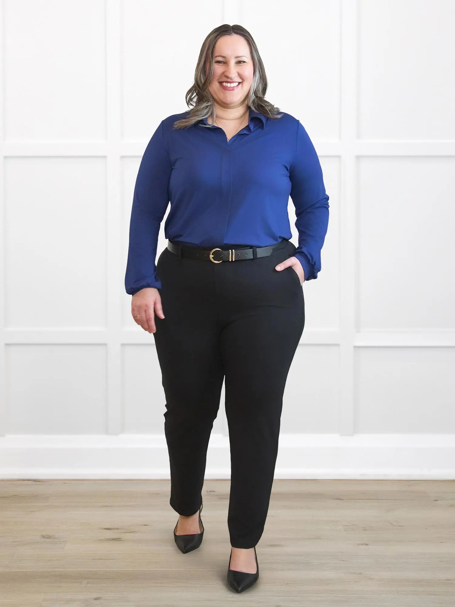 Asia mid rise slim pant for women in Black on model Cristina, size XXL Regular @Cristina-XXL-regular 