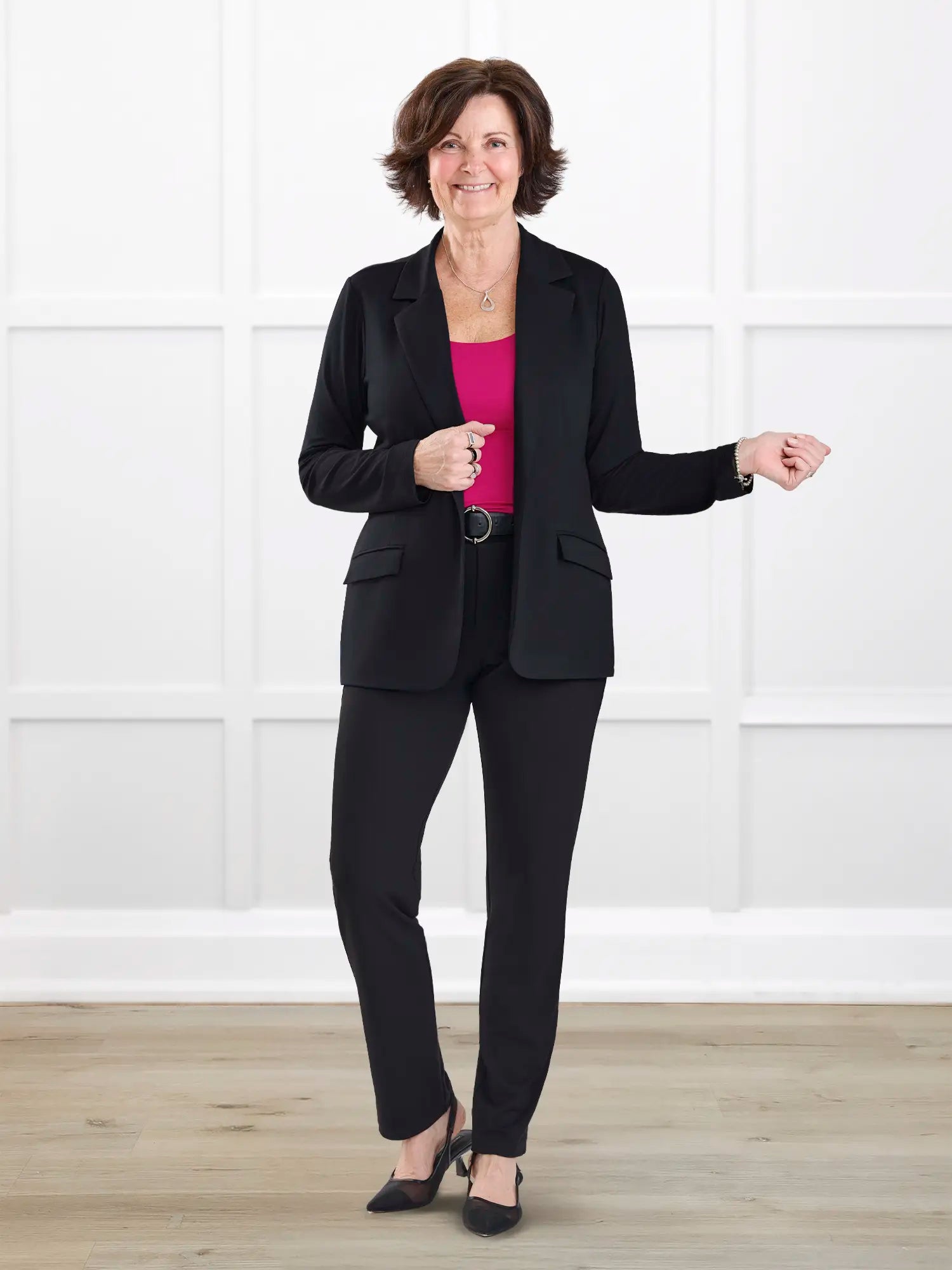 Asia mid rise slim pant for women in Black on model Donna, size S Regular @Donna-S-regular 
