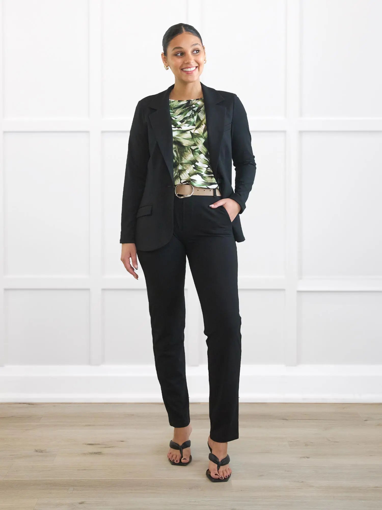 Asia mid rise slim pant for women in Black on model Meron, size XS Regular @Meron-XS-regular 