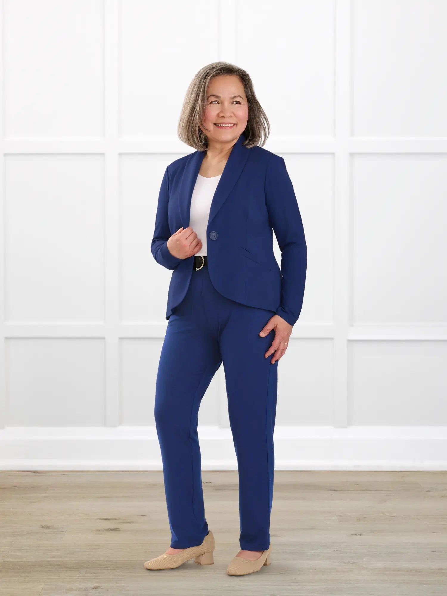 Asia mid rise slim pant for women in Marine blue on model Terry, size S Petite @Terry-S-petite 