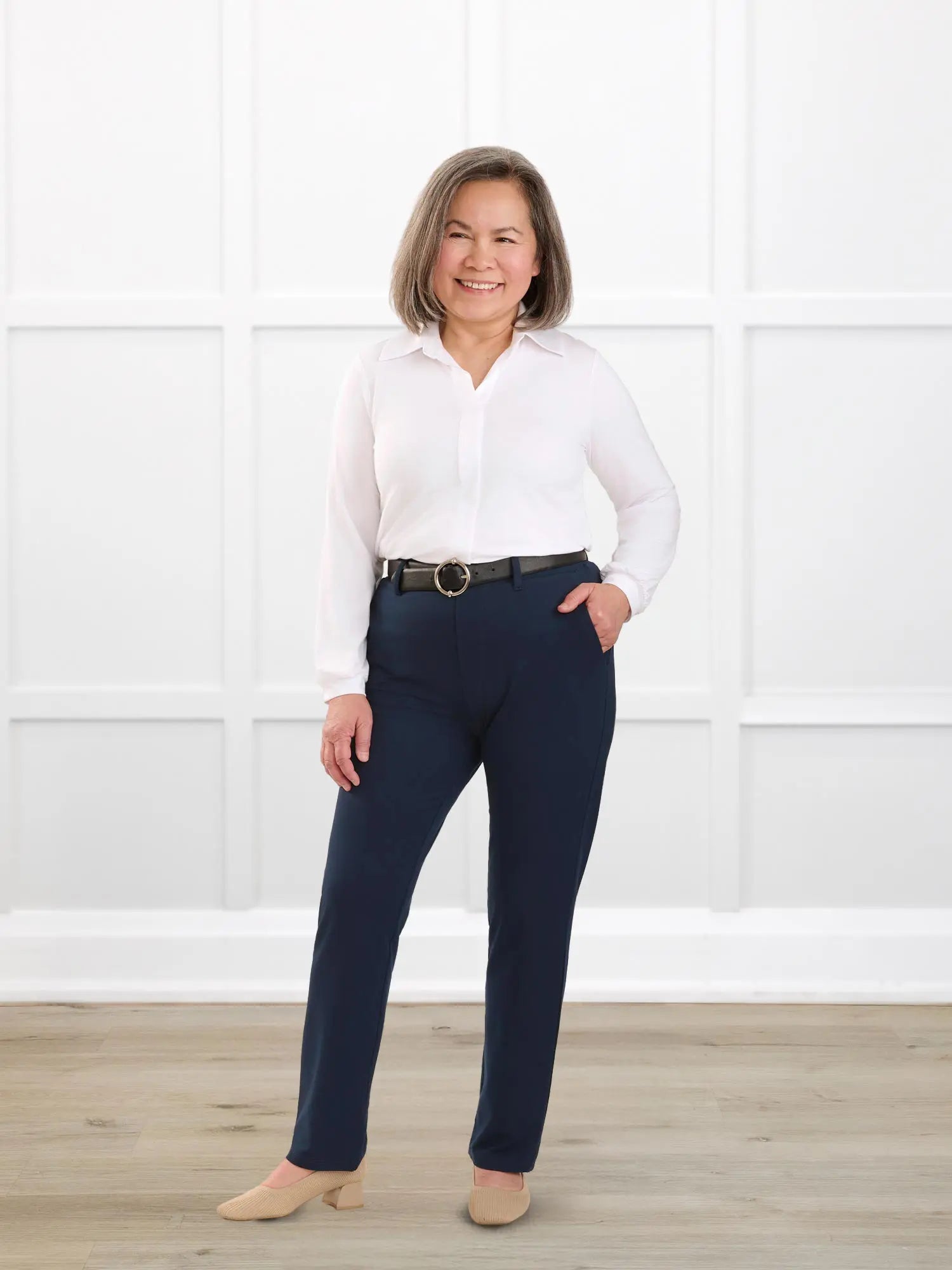 Asia mid rise slim pant for women in Navy on model Terry, size S Petite @Terry-S-petite 
