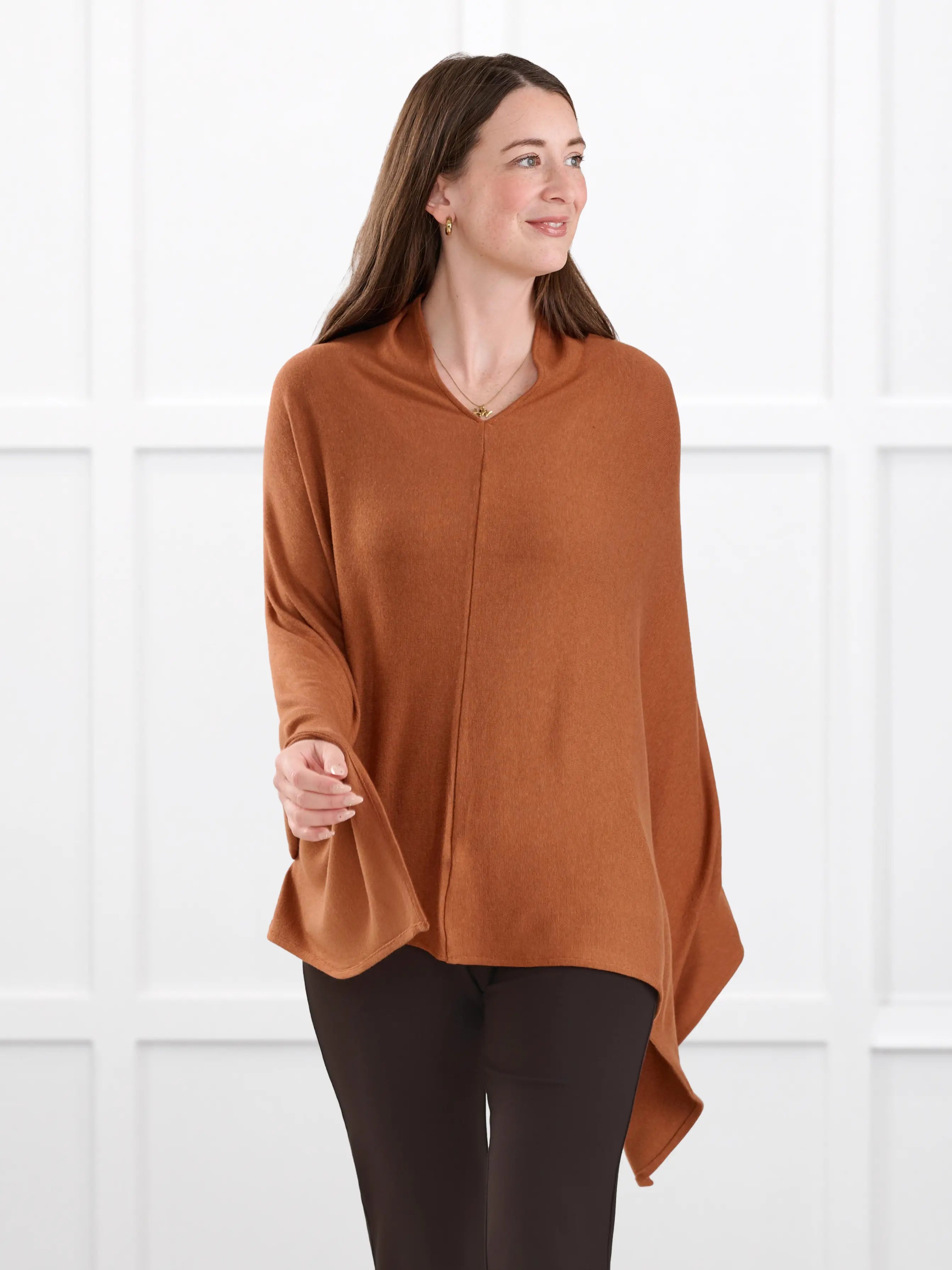 Asli lightweight sweater knit poncho for women in Rust 
