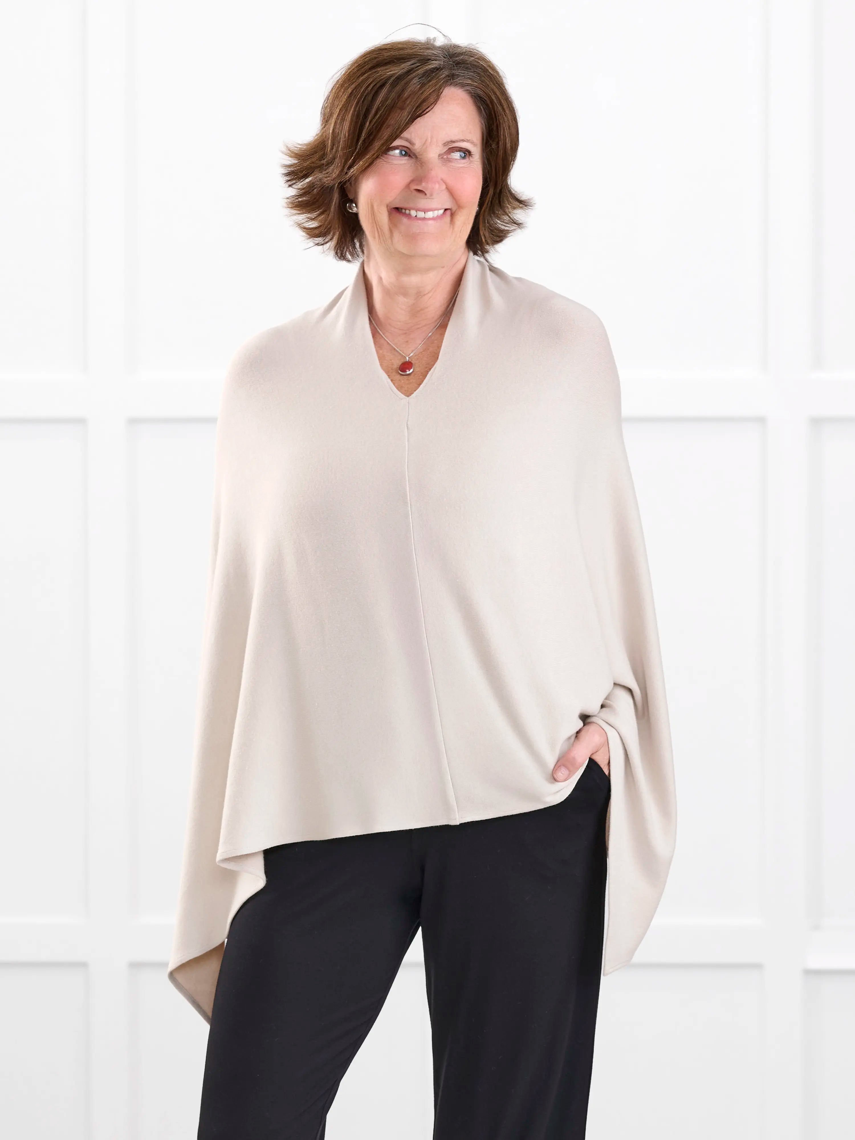 Asli lightweight sweater knit poncho for women in Seashell 