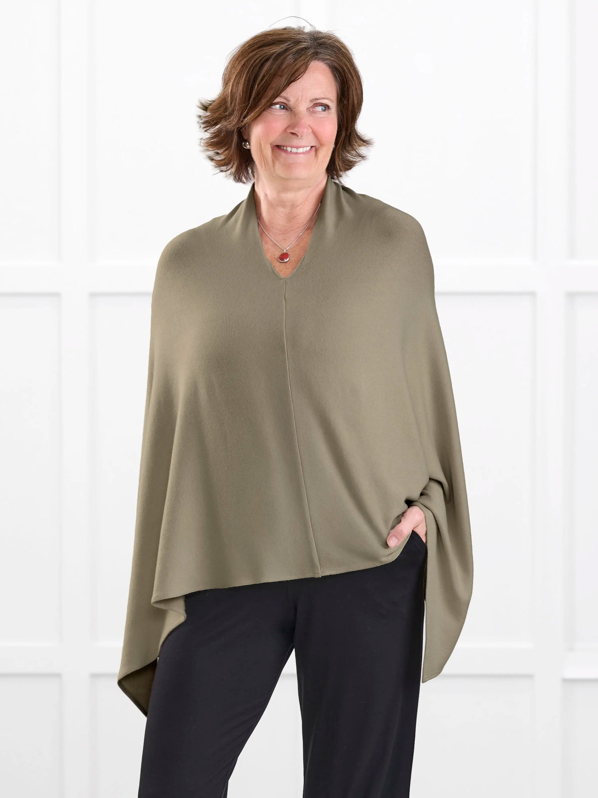 Asli lightweight sweater knit poncho for women in Thyme 