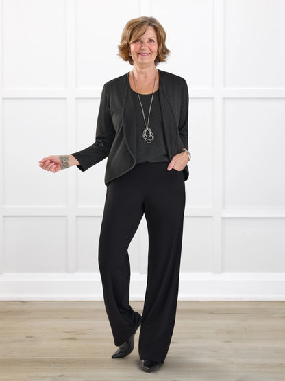 Avalynn mid rise straight leg pant for women in Black on model Donna, size S @Donna-S 