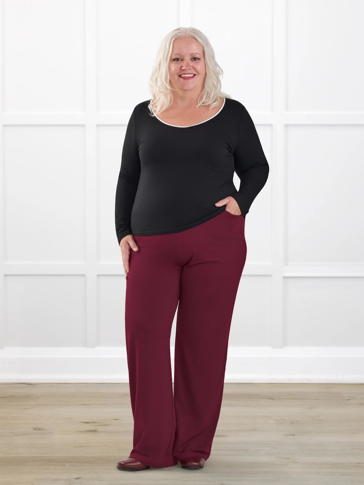 Avalynn mid rise straight leg pant for women in Merlot on model Colleen, size XXL @Colleen-XXL 