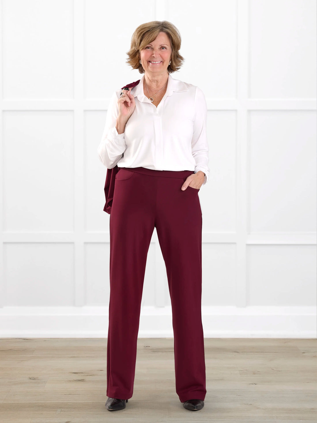 Avalynn mid rise straight leg pant for women in Merlot on model Donna, size S @Donna-S 