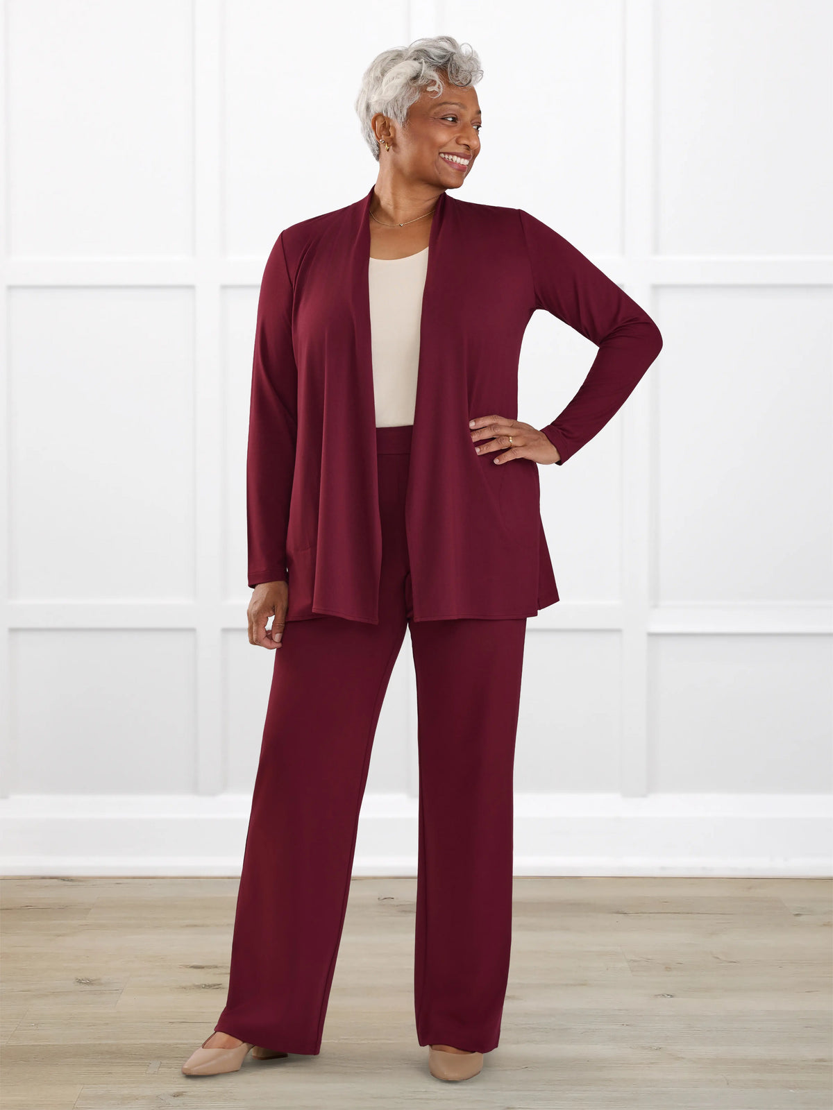 Avalynn mid rise straight leg pant for women in Merlot on model Keethai, size M @Keethai-M 
