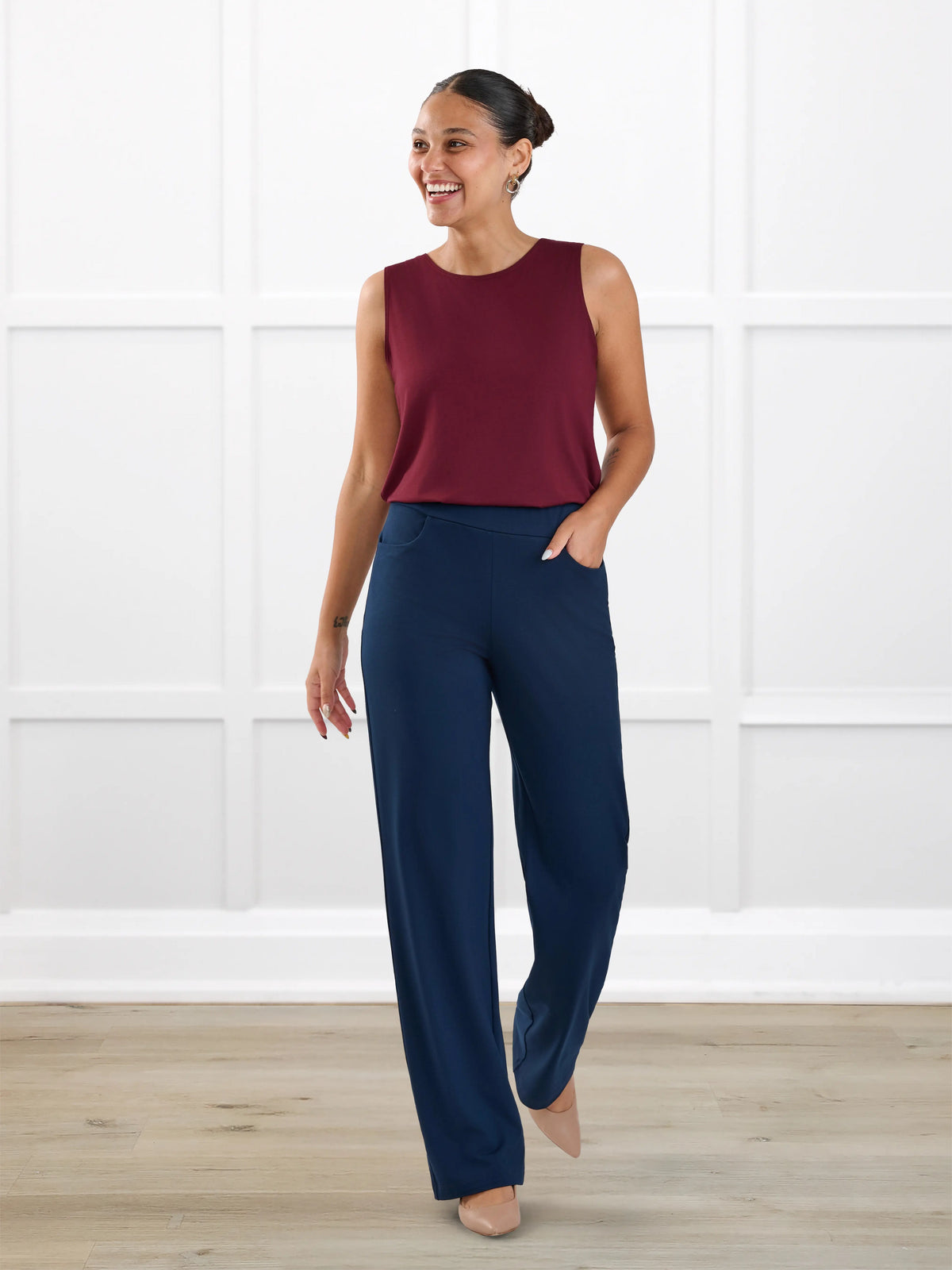 Avalynn mid rise straight leg pant for women in Navy on model Meron, size XS @Meron-XS 