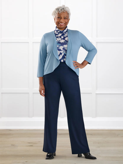 Avalynn mid rise straight leg pant for women in Navy on model Keethai, size M @Keethai-M 