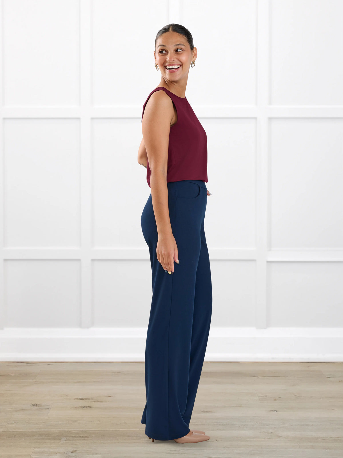 Avalynn mid rise straight leg pant for women in Navy on model Meron, size XS @Meron-XS 