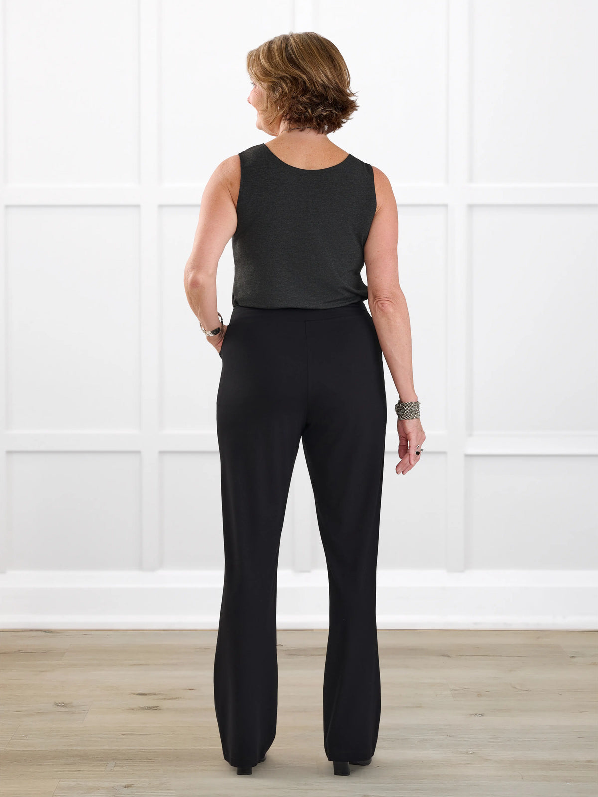 Avalynn mid rise straight leg pant for women in Black on model Donna, size S @Donna-S 