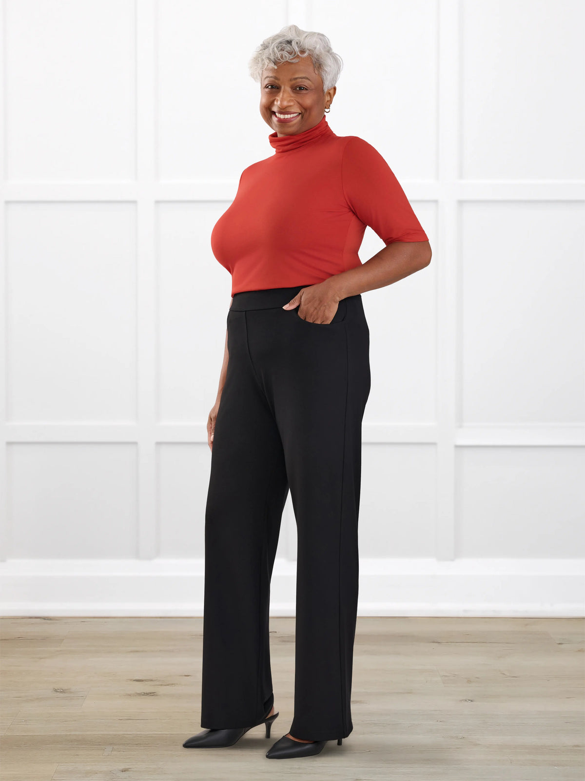 Avalynn mid rise straight leg pant for women in Black on model Keethai, size M @Keethai-M 
