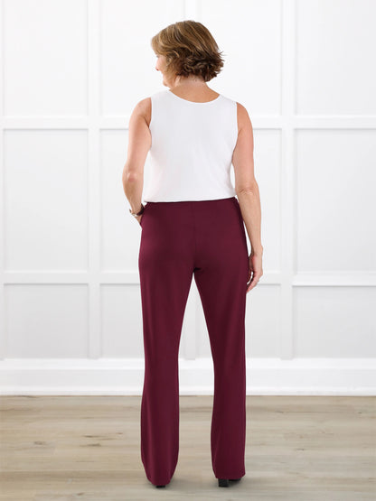 Avalynn mid rise straight leg pant for women in Merlot on model Donna, size S @Donna-S 