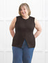 Bibi high neck tailored vest for women in Dark chocolate on model Laurie, size XL Regular @Laurie-L-regular 