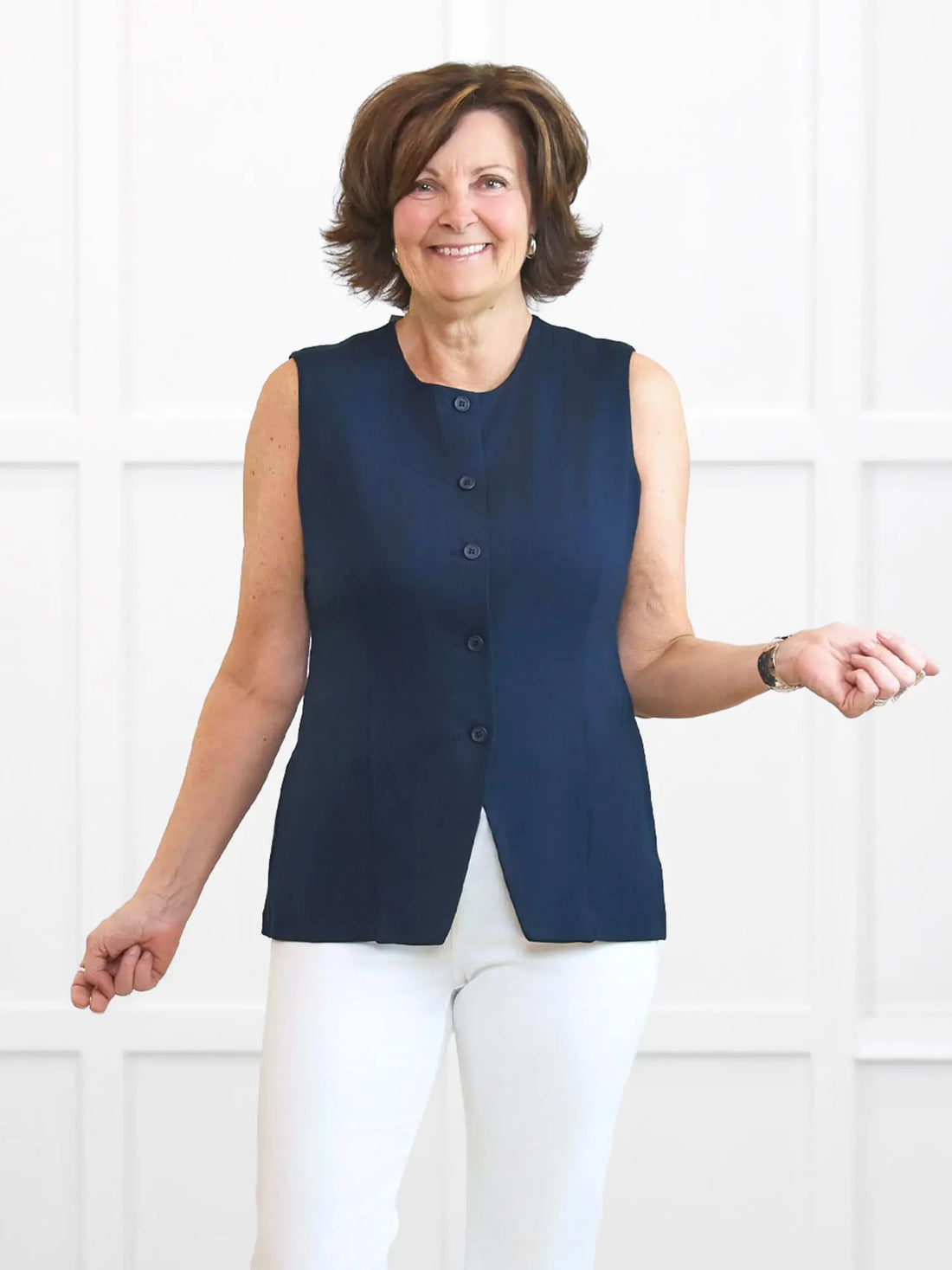 Bibi high neck tailored vest for women in Navy on model Donna, size S Regular @Donna-S-regular 