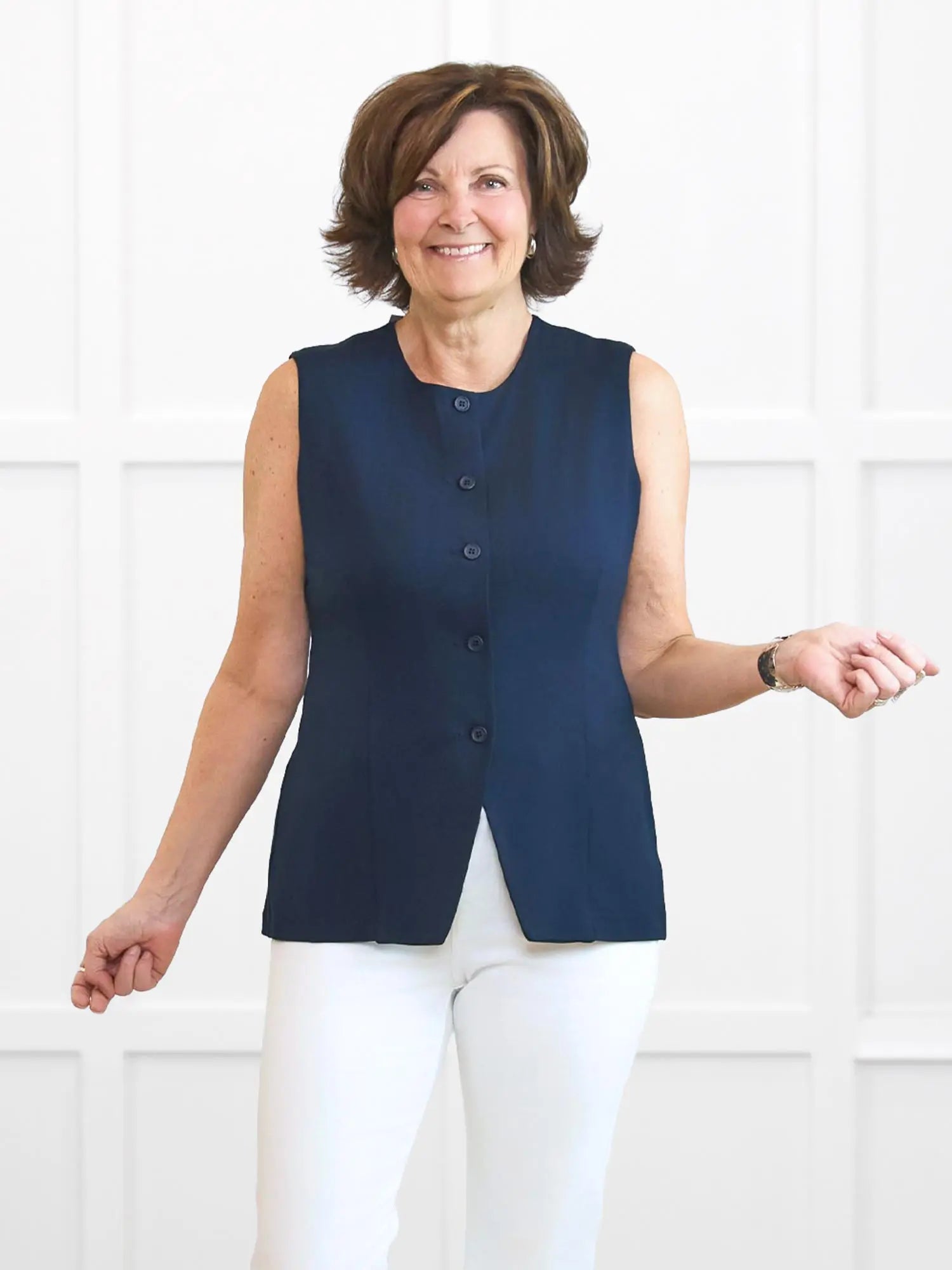 Bibi high neck tailored vest for women in Navy on model Donna, size S Regular @Donna-S-regular 