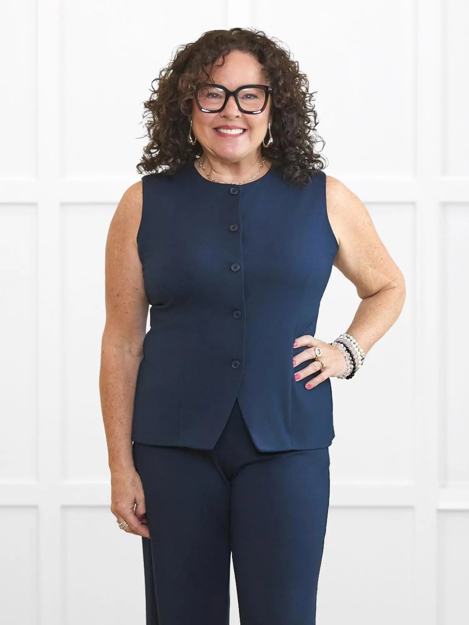 Bibi high neck tailored vest for women in Navy on model Kerri, size M Petite @Kerri-M-petite 