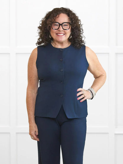 Bibi high neck tailored vest for women in Navy on model Kerri, size M Petite @Kerri-M-petite 