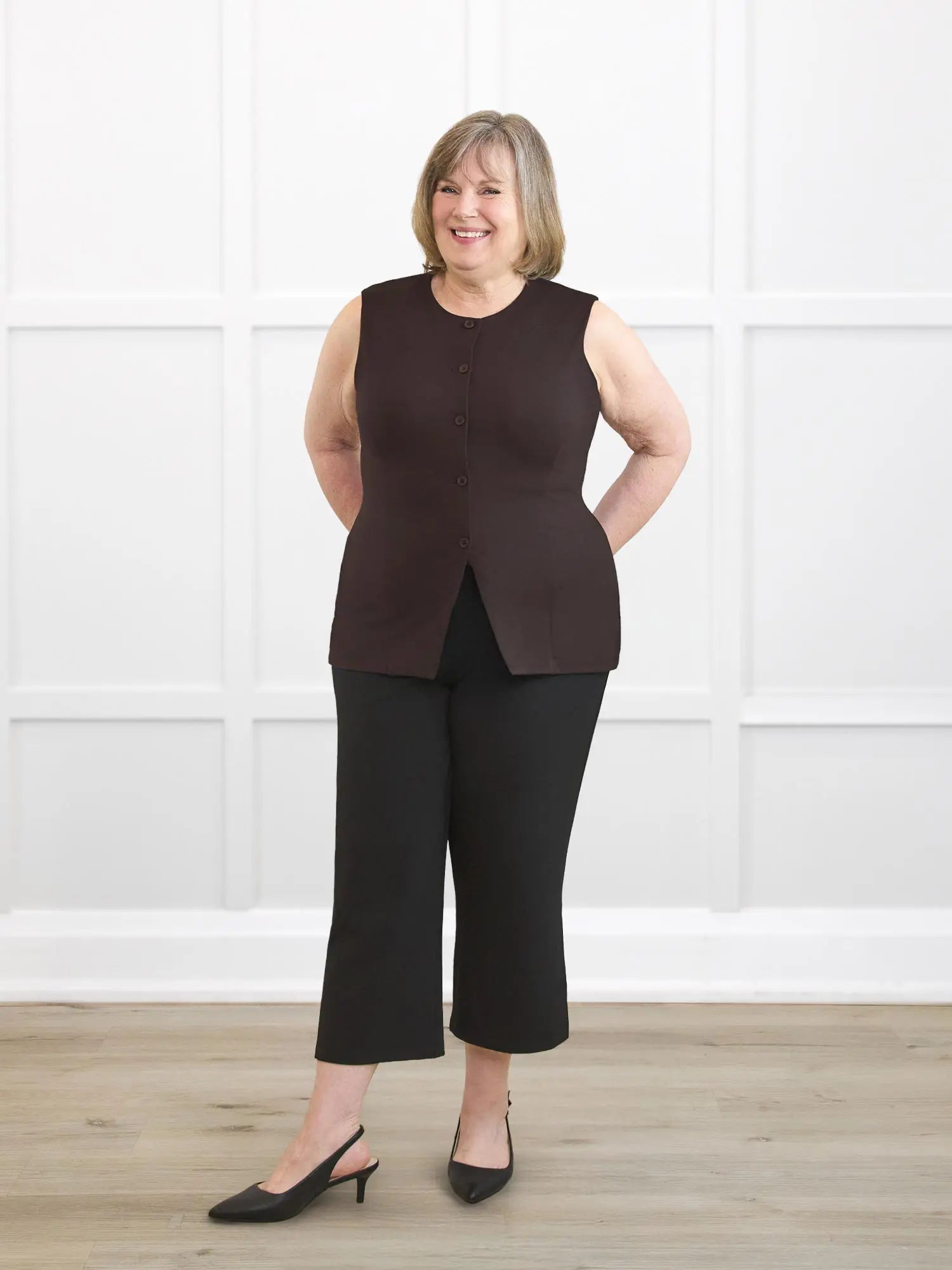 Bibi high neck tailored vest for women in Dark chocolate on model Laurie, size XL Regular @Laurie-L-regular 