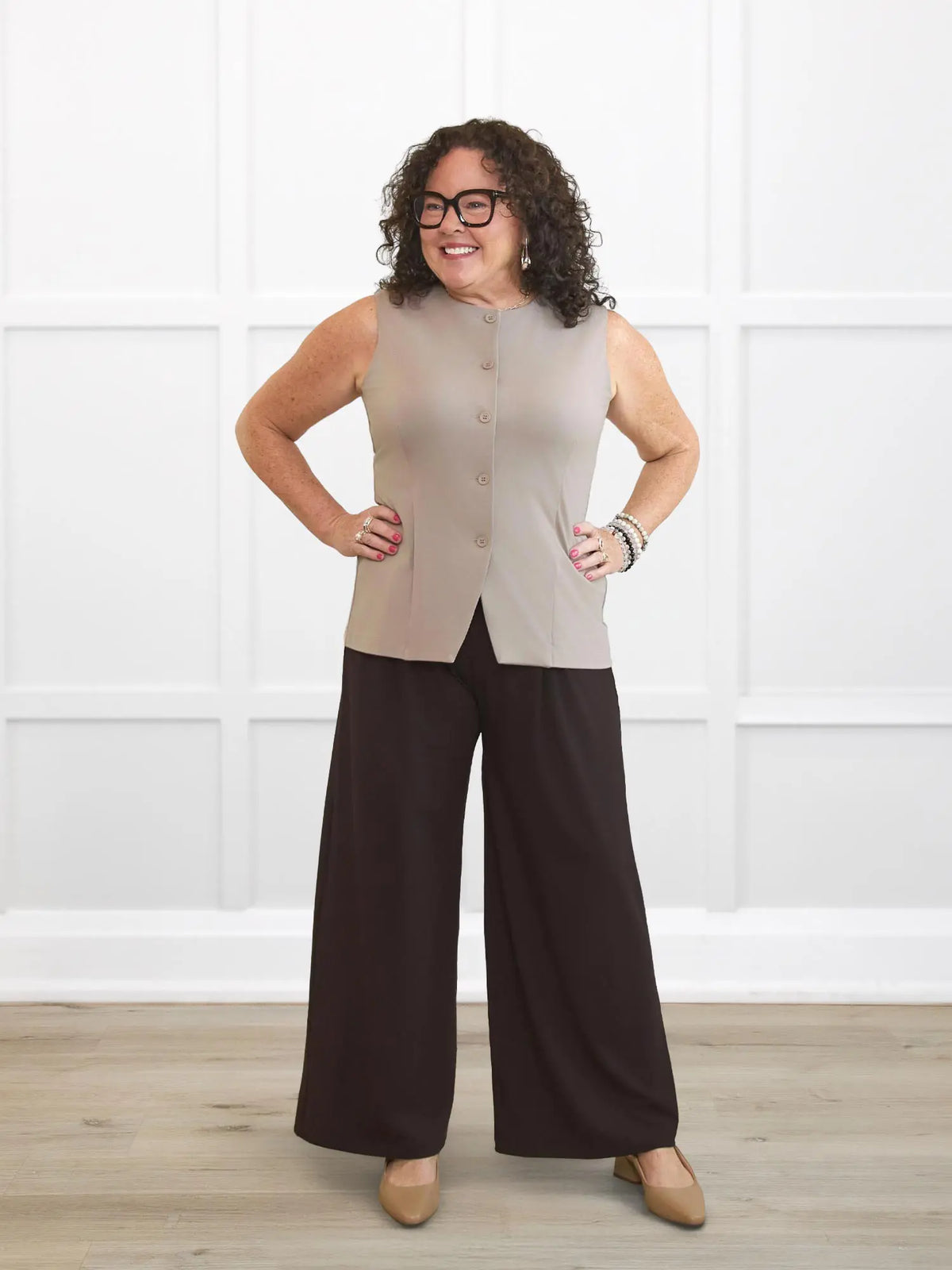 Bibi high neck tailored vest for women in Portobello on model Kerri, size M Petite @Kerri-M-petite 