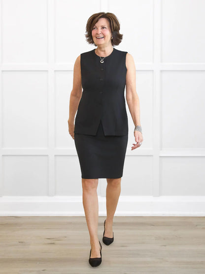 Bibi high neck tailored vest for women in Black on model Donna, size S Regular @Donna-S-regular 
