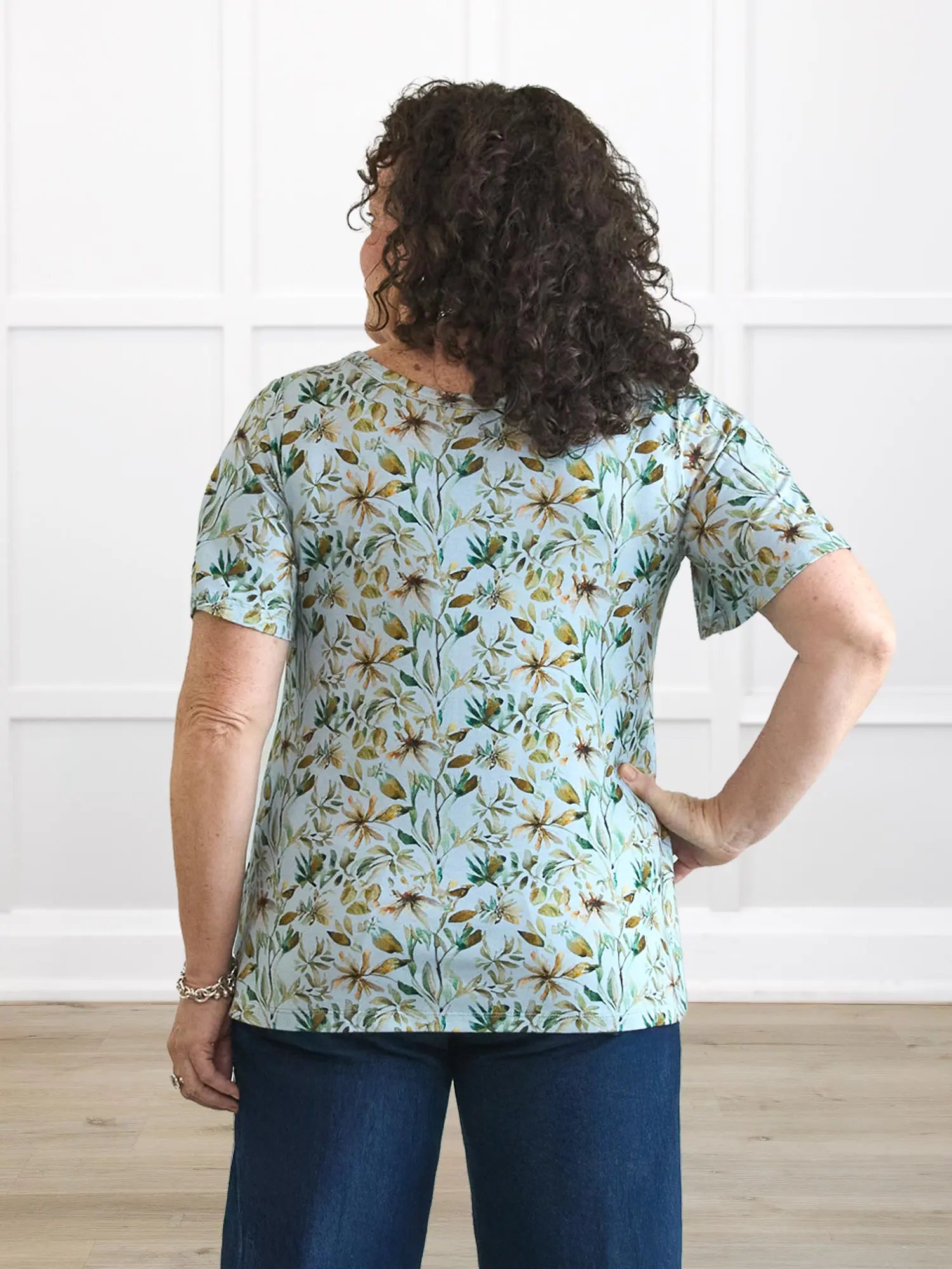 Brielle flutter sleeve top in Forest veil on model Kerri, size M @Kerri-M 