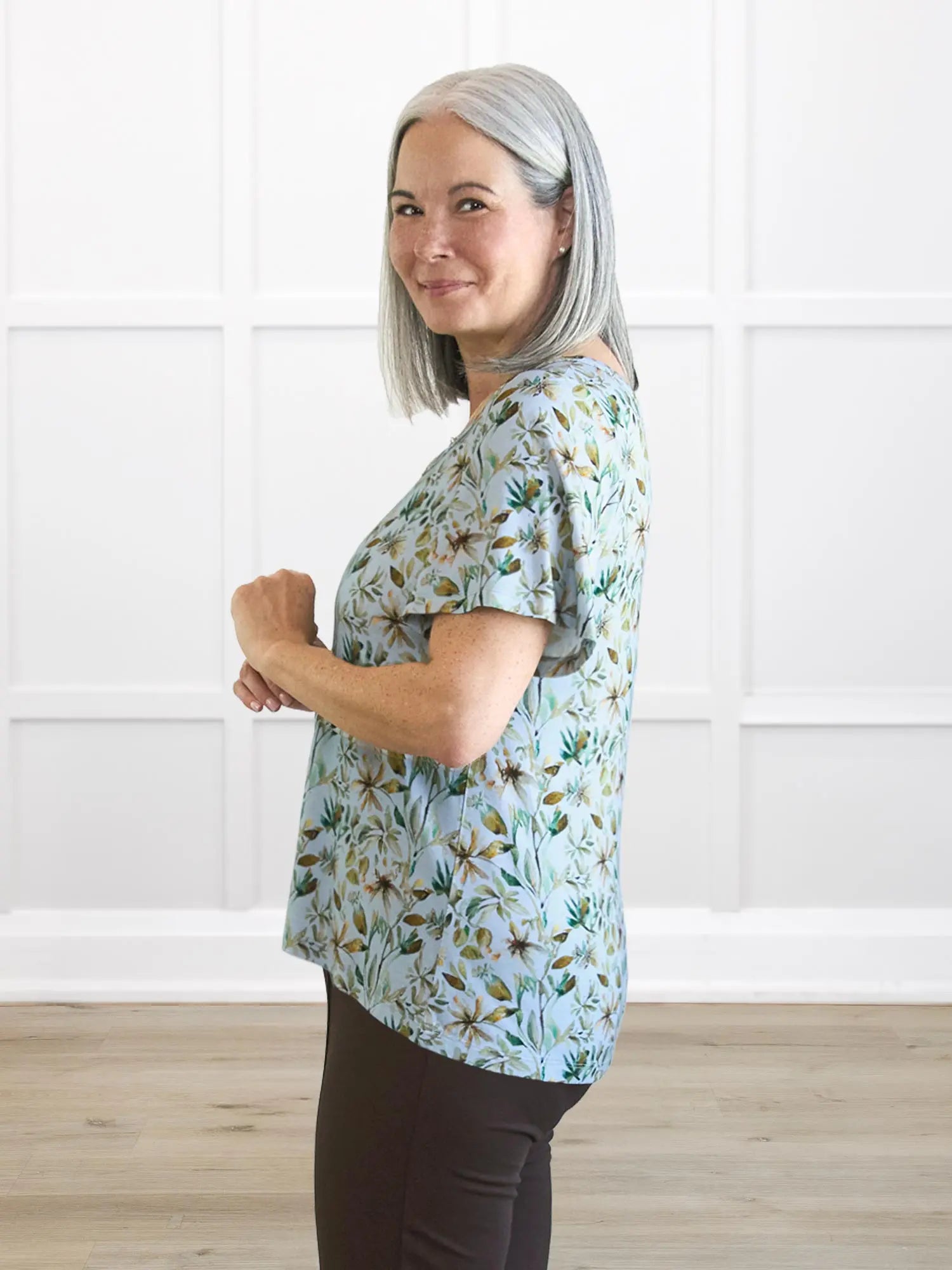 Brielle flutter sleeve top in Forest veil on model Kerri, size S @Kerri-S 