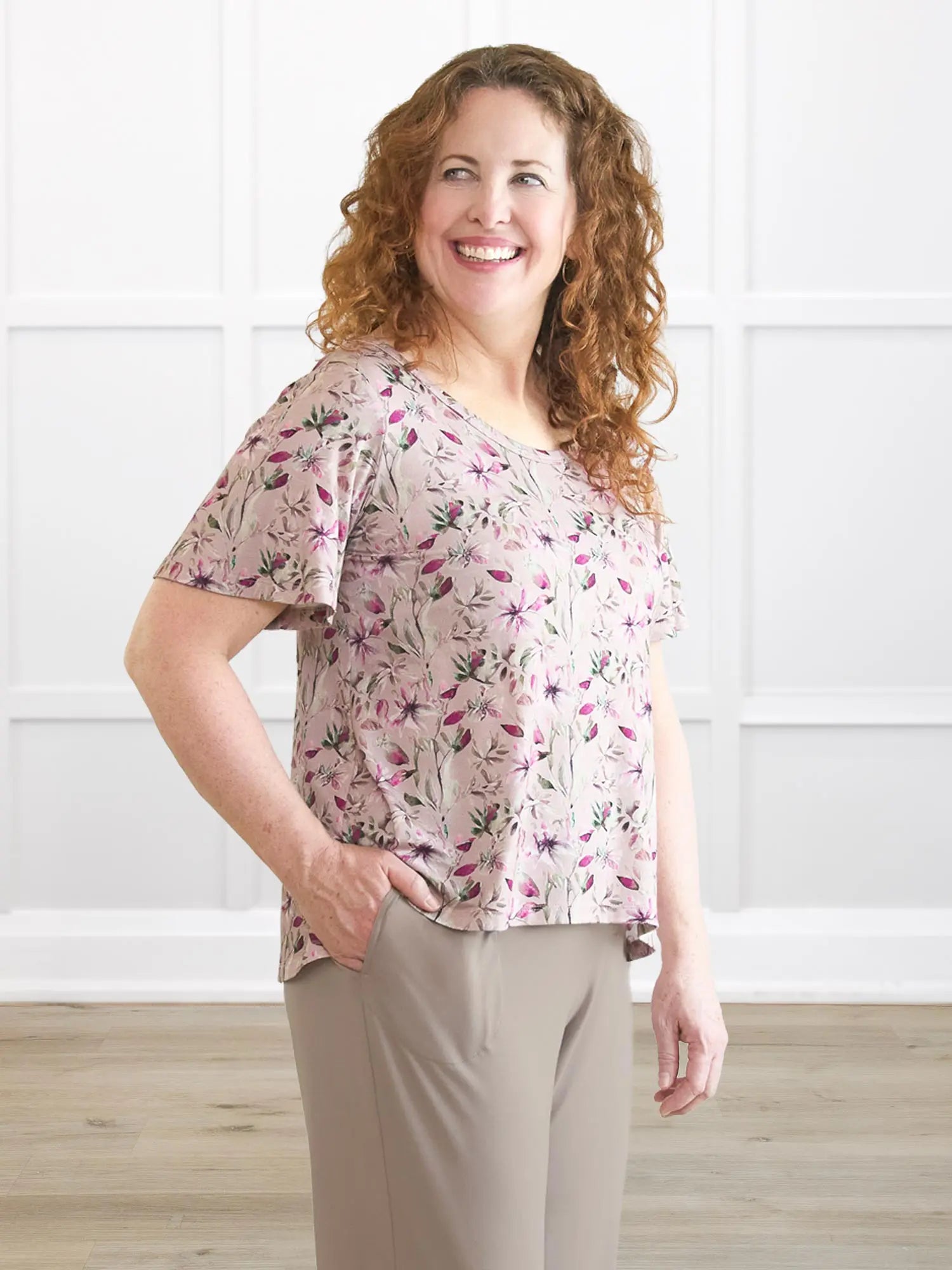 Brielle flutter sleeve top in Wild magnolia on model Melanie, size M @Melanie-M 