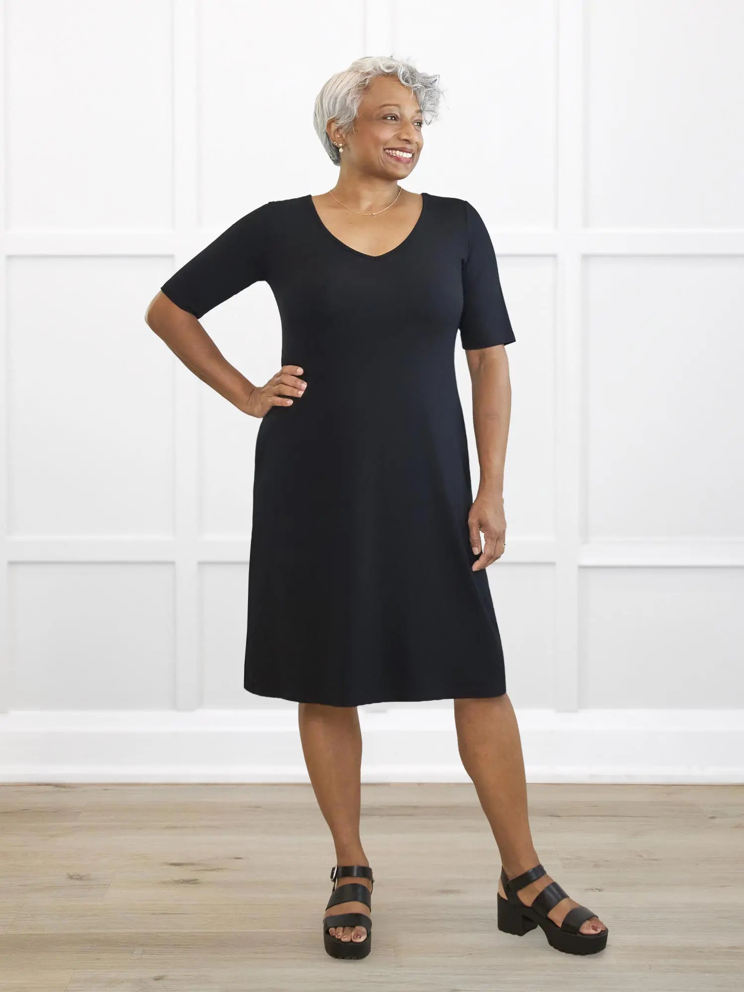 Charlotte half sleeve pocket dress for women 00 in Black on model Keethai, size M @Keethai-M 