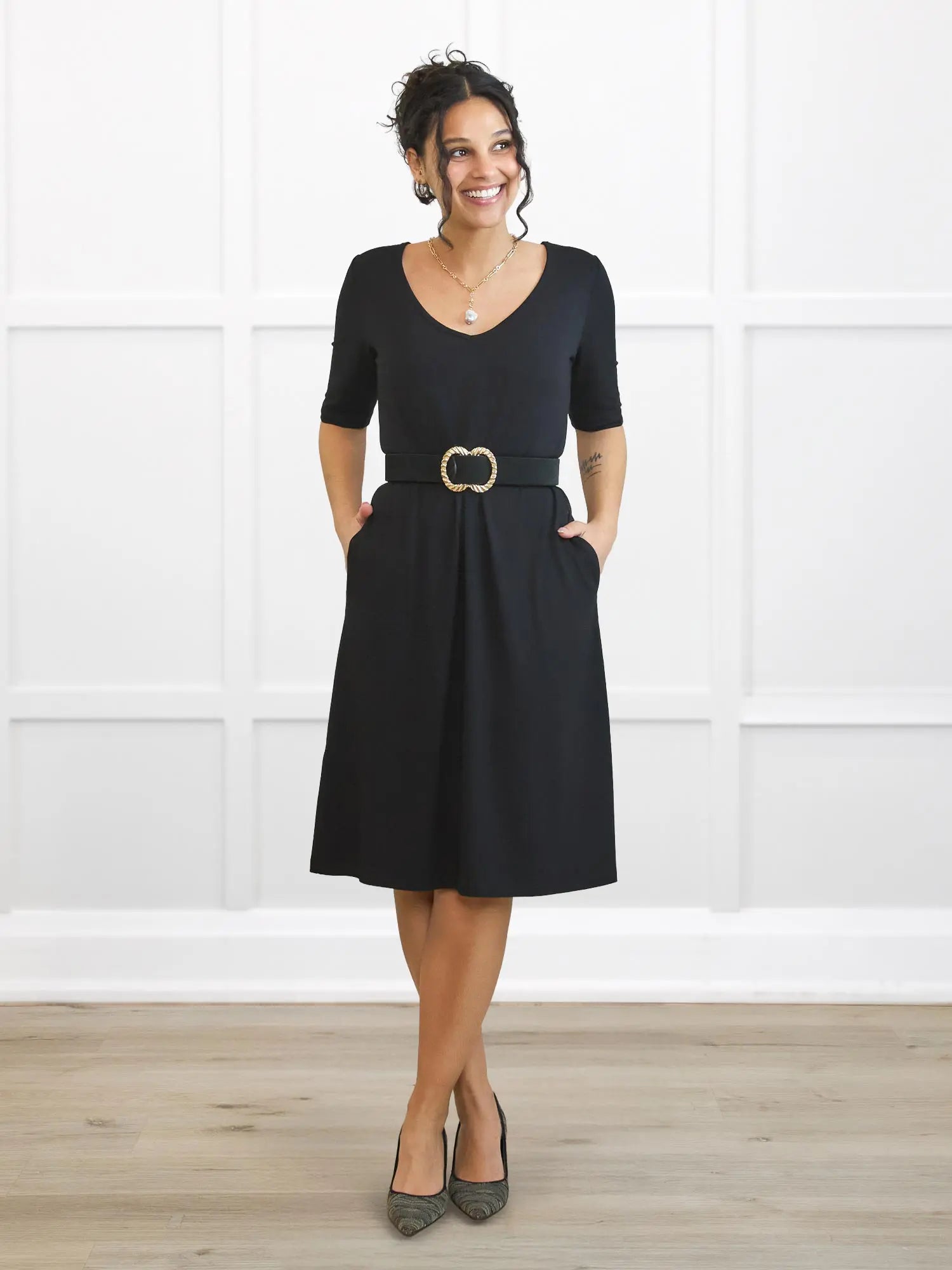 Charlotte half sleeve pocket dress for women in Black on model Meron, size XS @Meron-XS 
