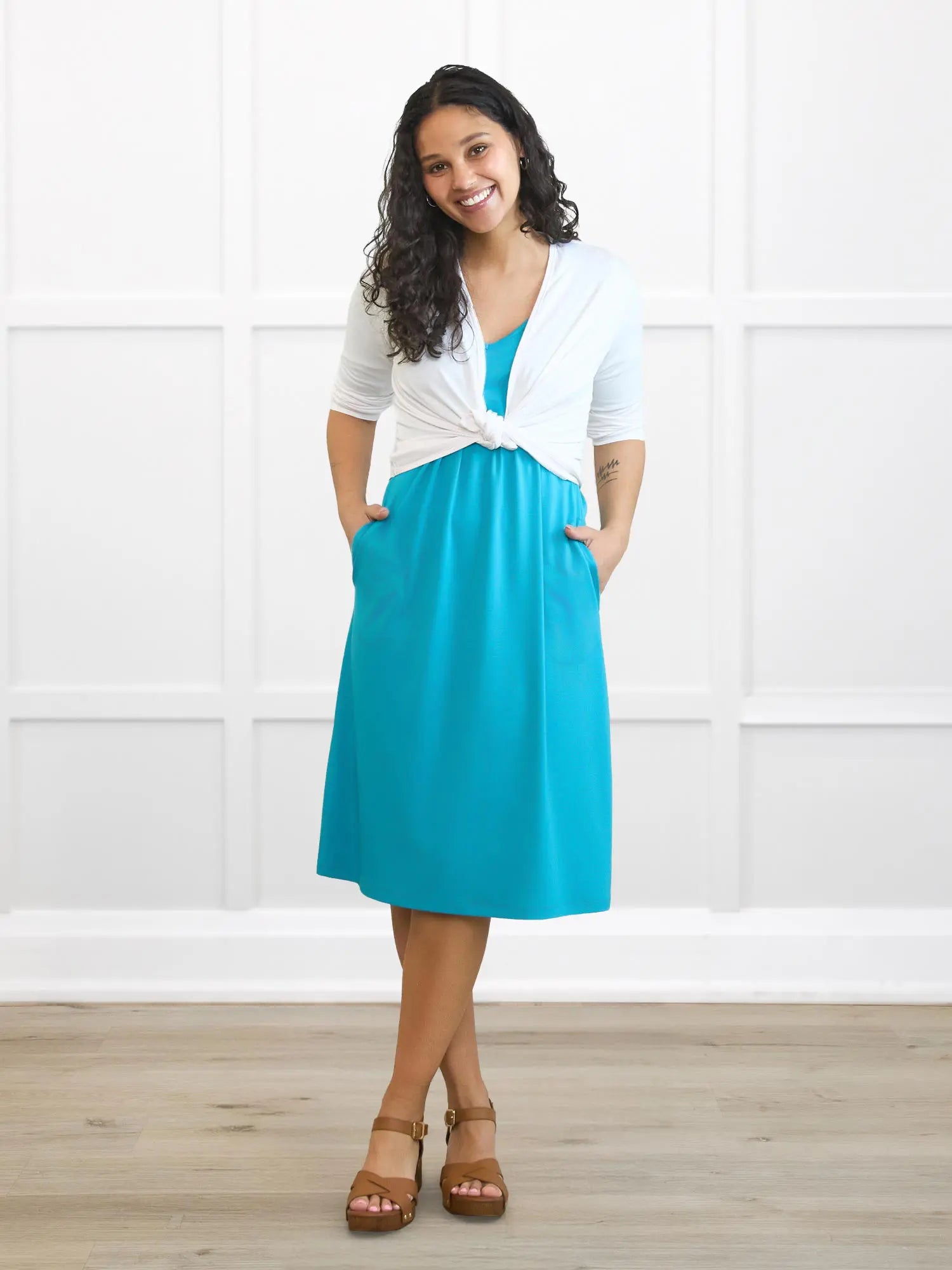Charlotte half sleeve pocket dress for women in Sea glass on model Meron, size XS @Meron-XS 