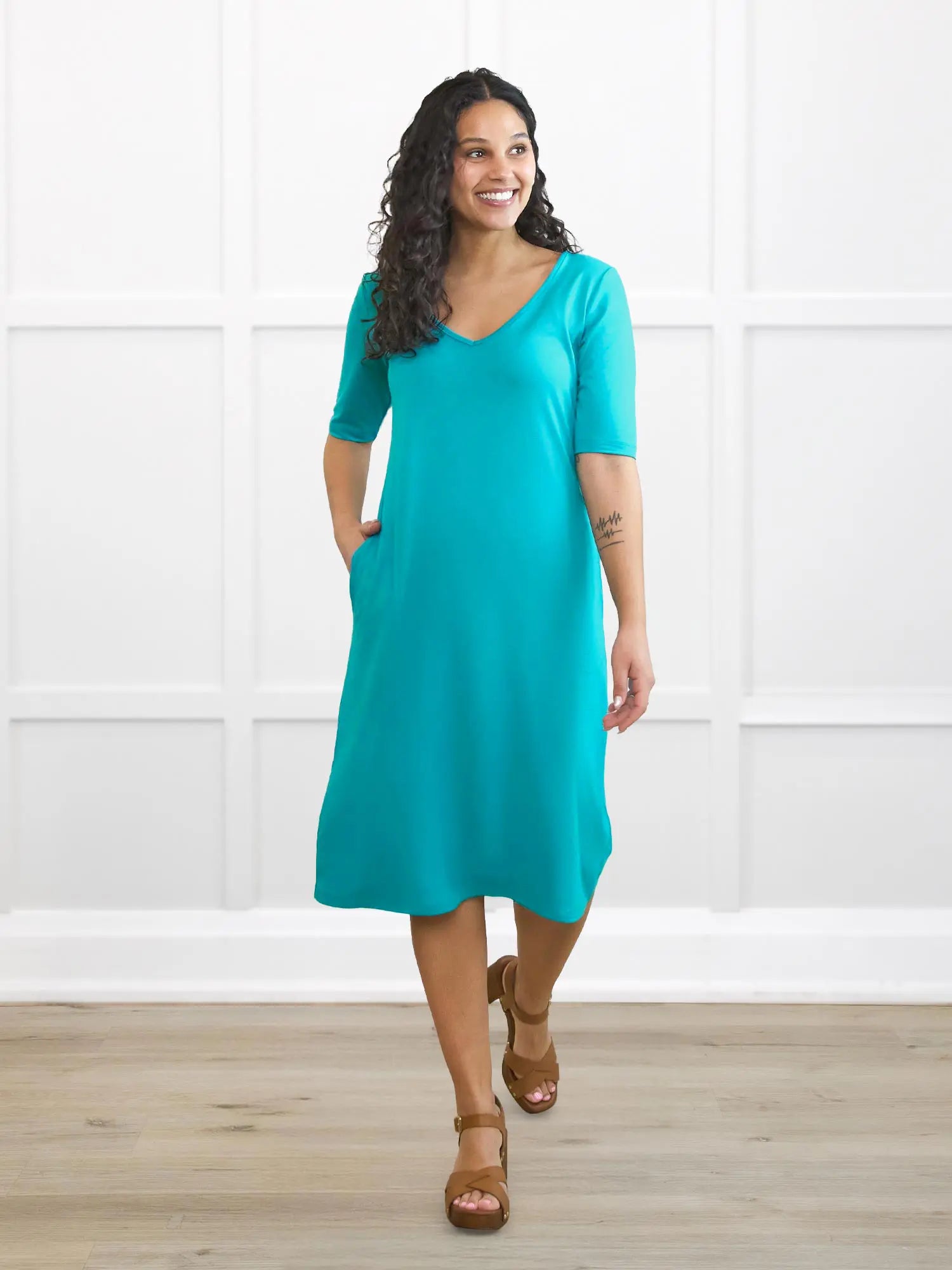 Charlotte half sleeve pocket dress for women in Sea glass on model Meron, size XS @Meron-XS 