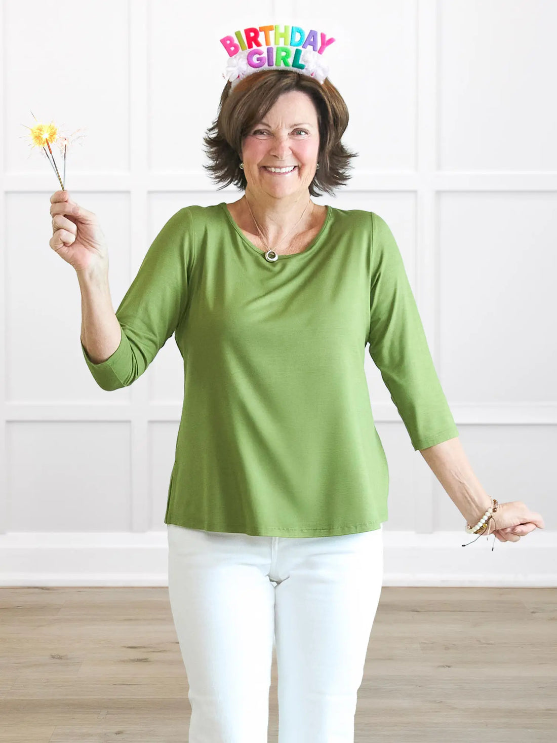 Chris sleeve scoop neck top for women 00 in Moss on model Donna, size S @Donna-S 