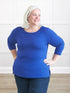 Chris sleeve scoop neck top for women 00 in Royal blue on model Colleen, size XXL @Colleen-XXL 