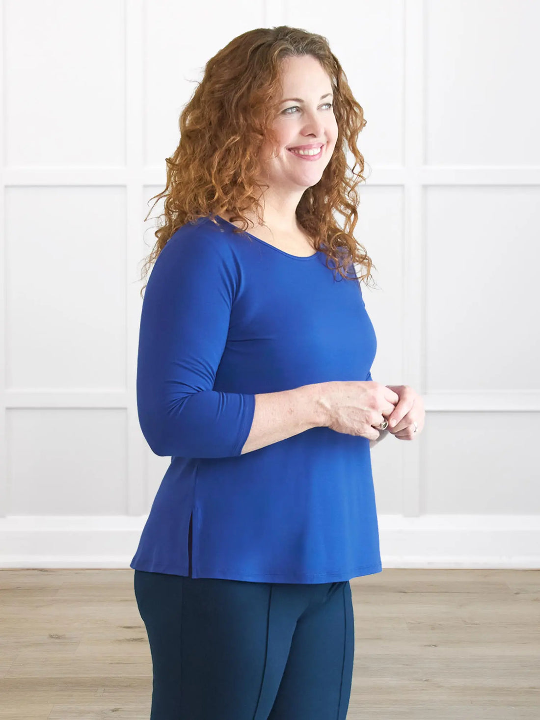 Chris sleeve scoop neck top for women 00 in Royal blue on model Melanie, size M @Melanie-M 