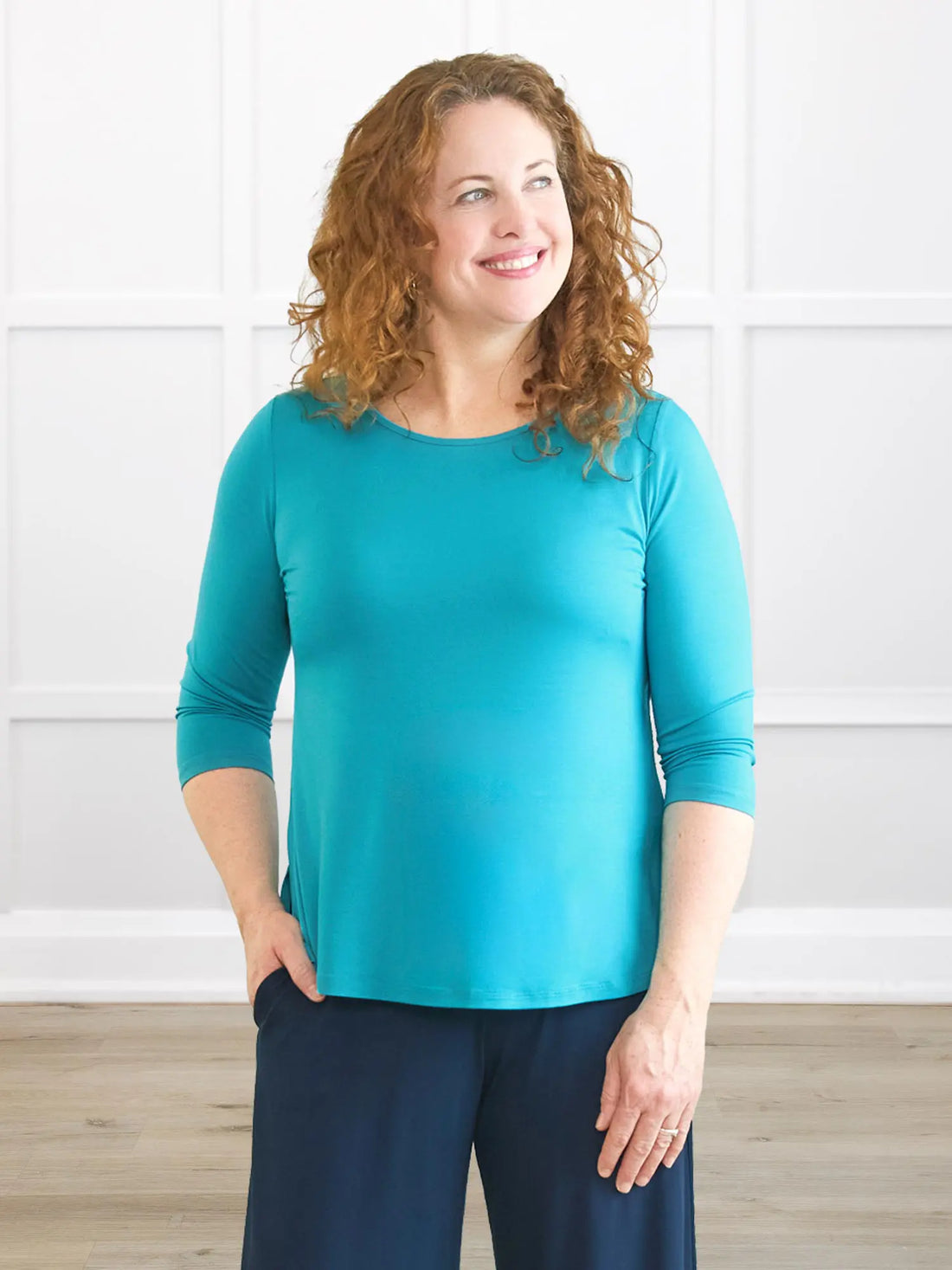 Chris sleeve scoop neck top for women 00 in Sea glass on model Melanie, size M @Melanie-M 