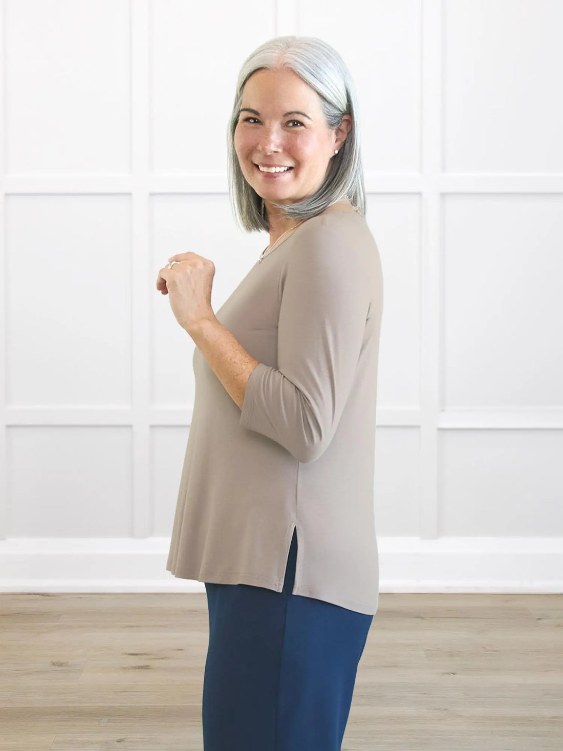 Chris sleeve scoop neck top for women in Portobello on model Kerri, size S @Kerri-S 